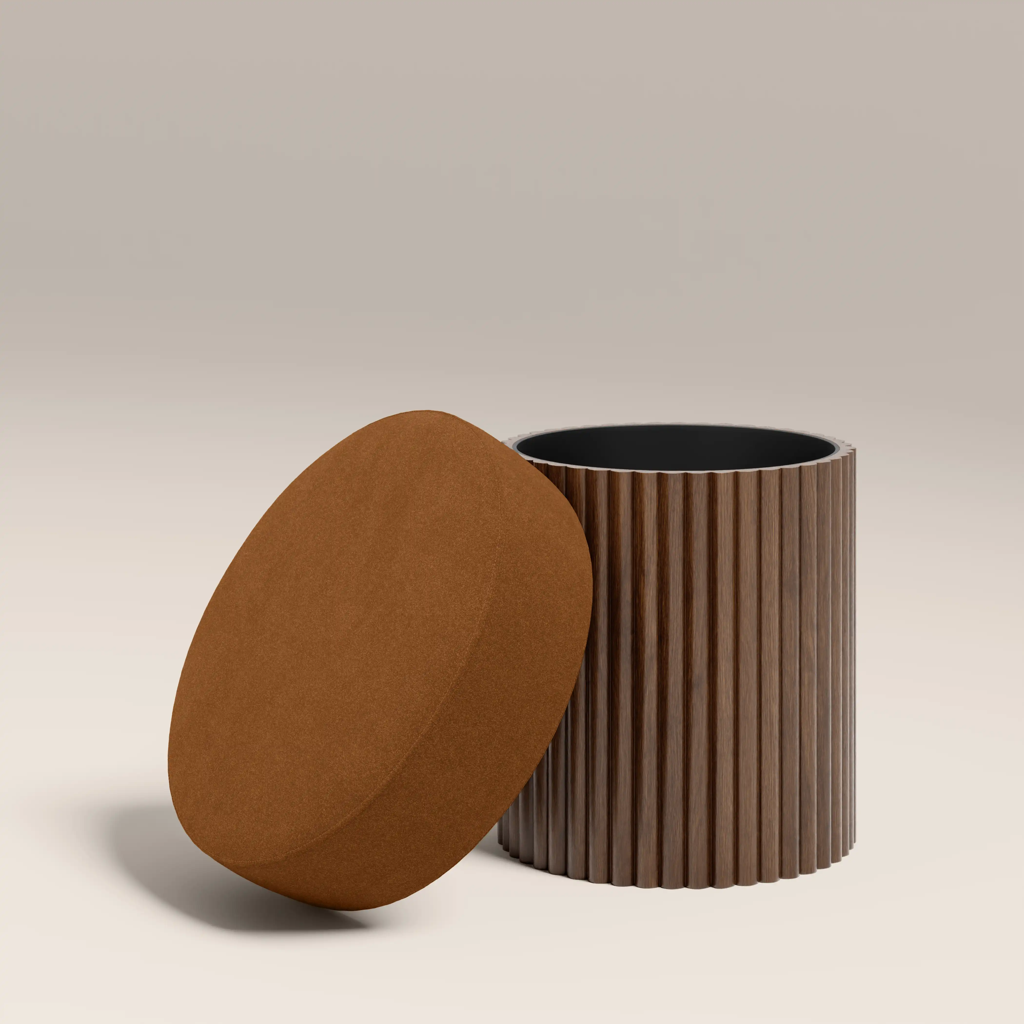 Alexis Storage Pouffe | Caramel Brown Sustainable Mohair Velvet & Walnut - Image 2