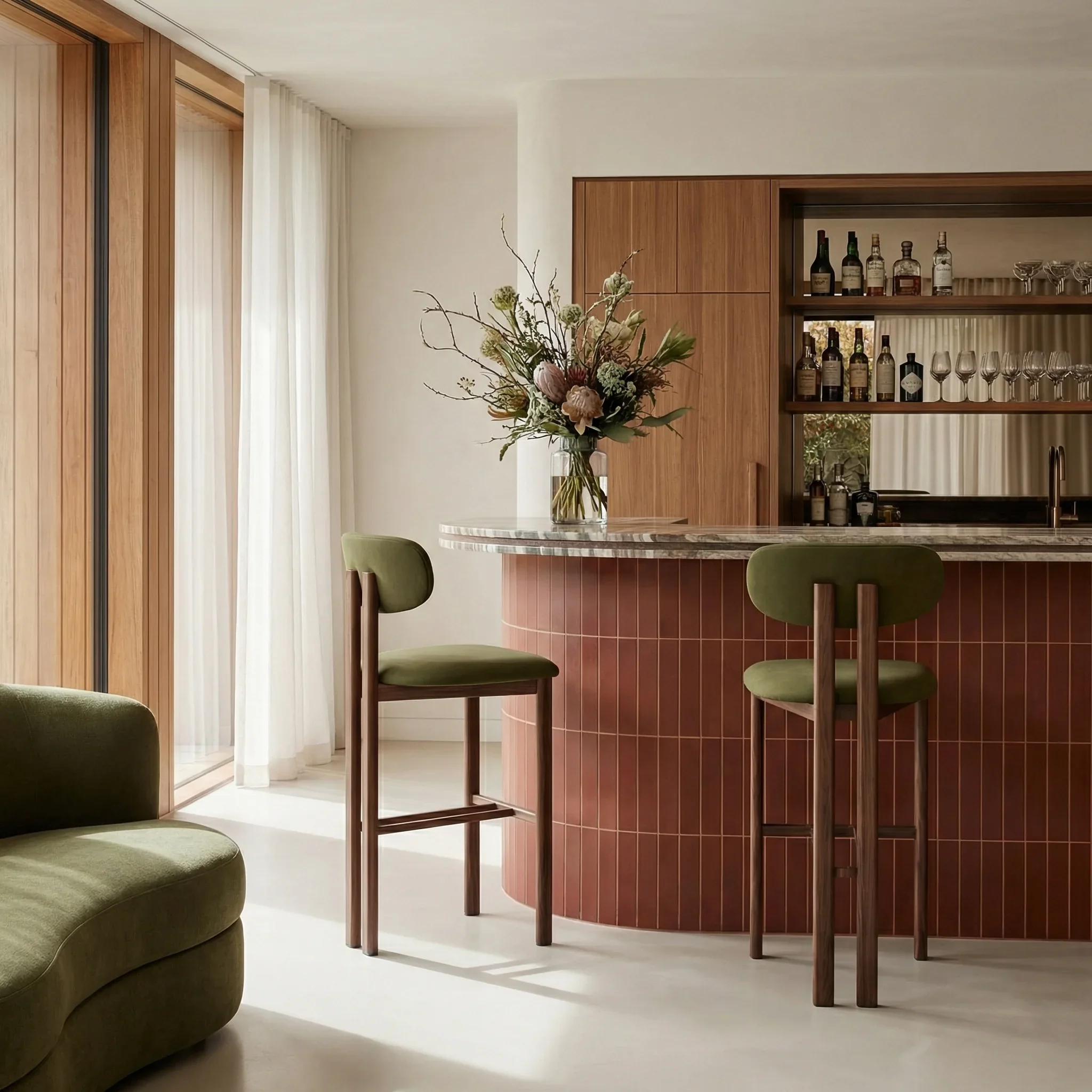 Arbor Bar Stool | Olive Green Sustainable Velvet & Walnut - Image 2