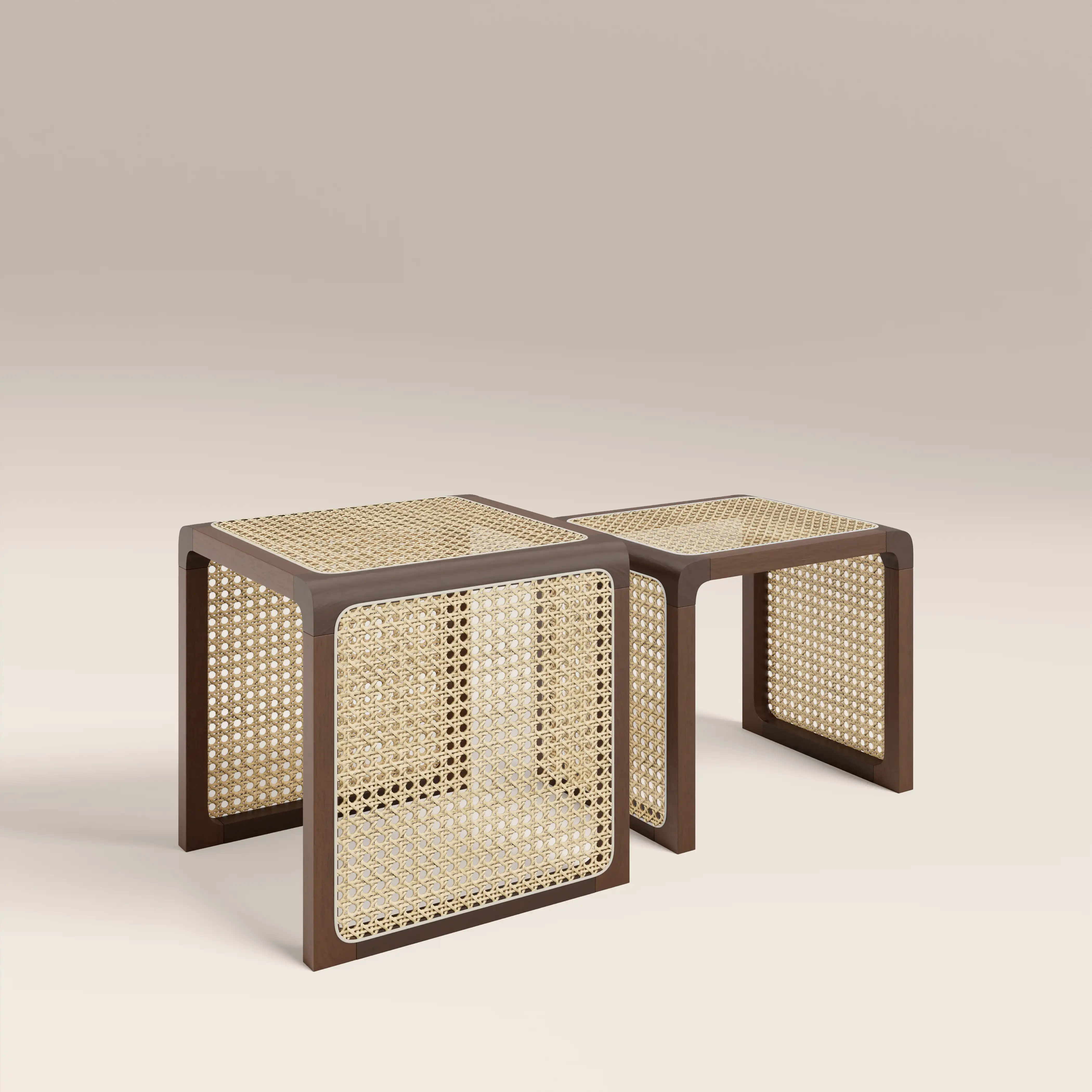 Atley Set of 2 Square Nesting Side Tables | Natural Cane & Walnut - Image 3