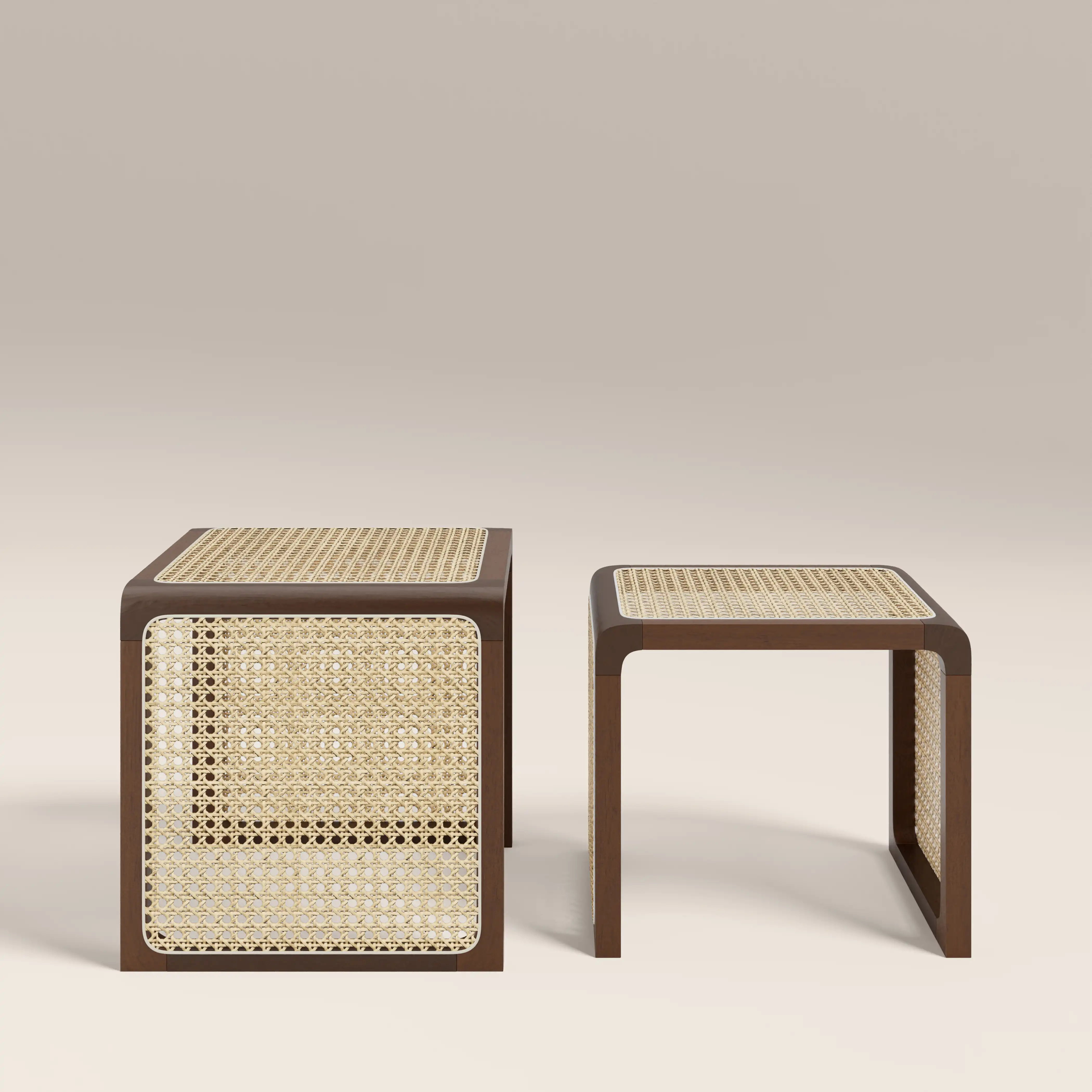 Atley Set of 2 Square Nesting Side Tables | Natural Cane & Walnut - Image 4