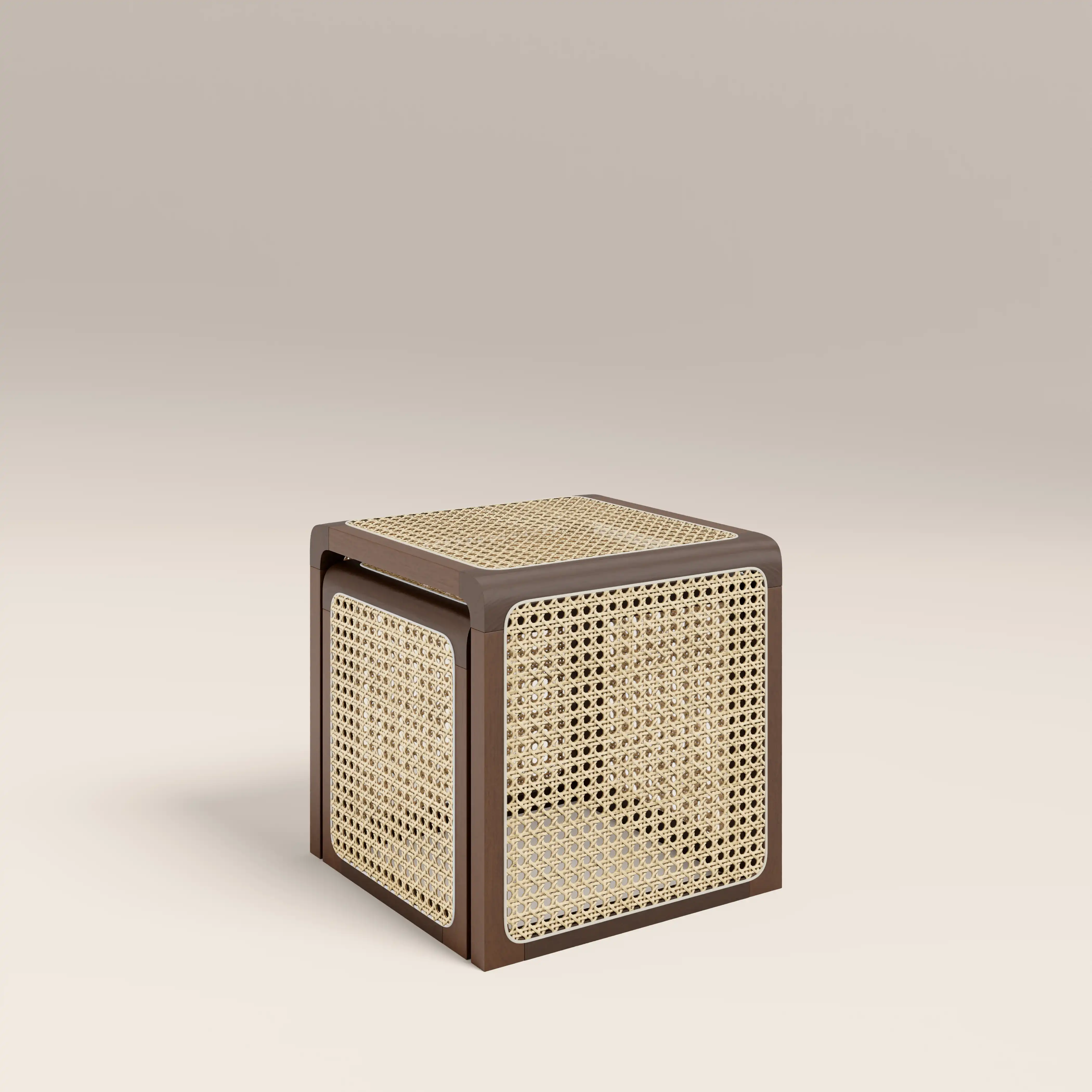 Atley Set of 2 Square Nesting Side Tables | Natural Cane & Walnut - Image 5