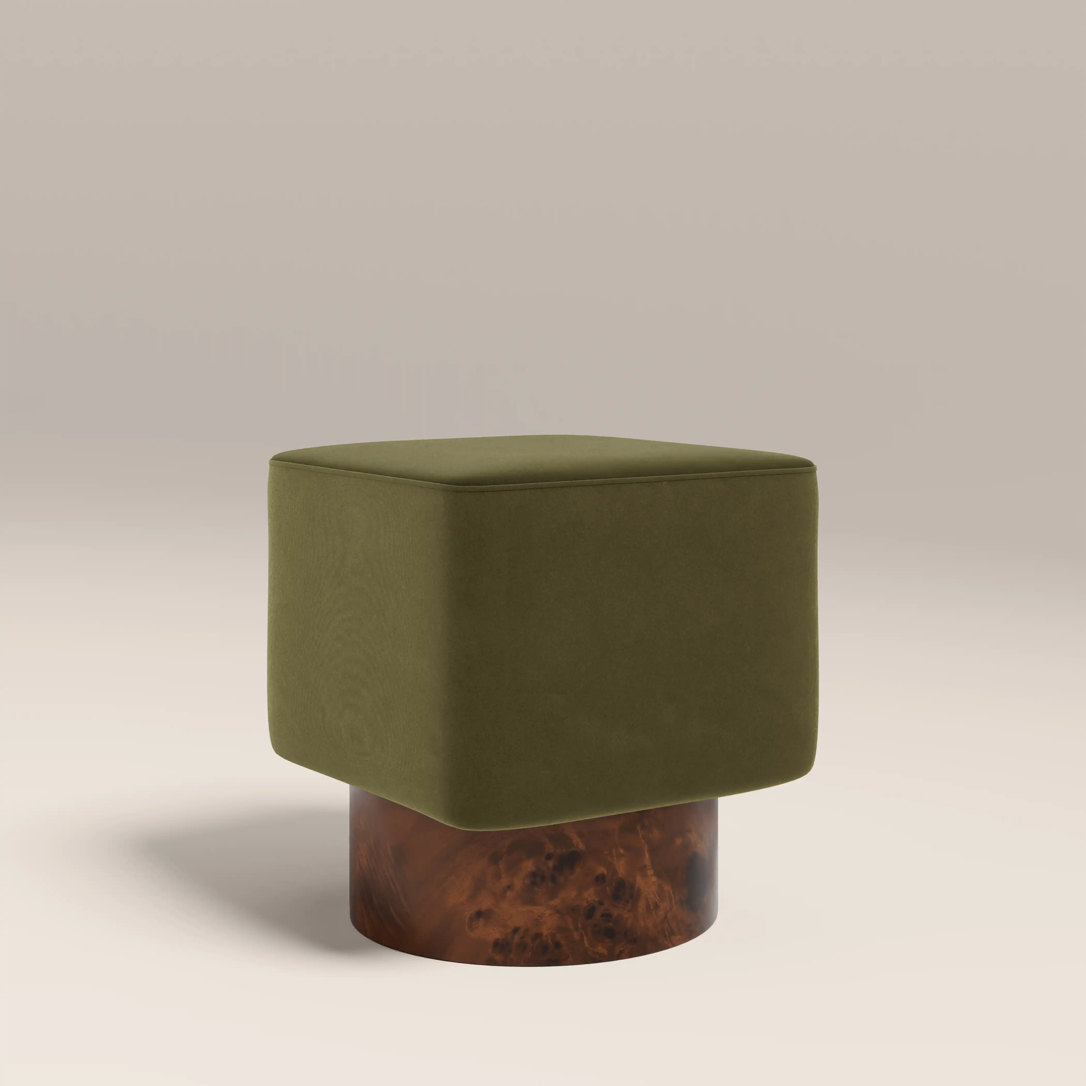 Bidbury Pouffe | Moss Green Sustainable Mohair Velvet & Walnut Burl Wood - Image 2