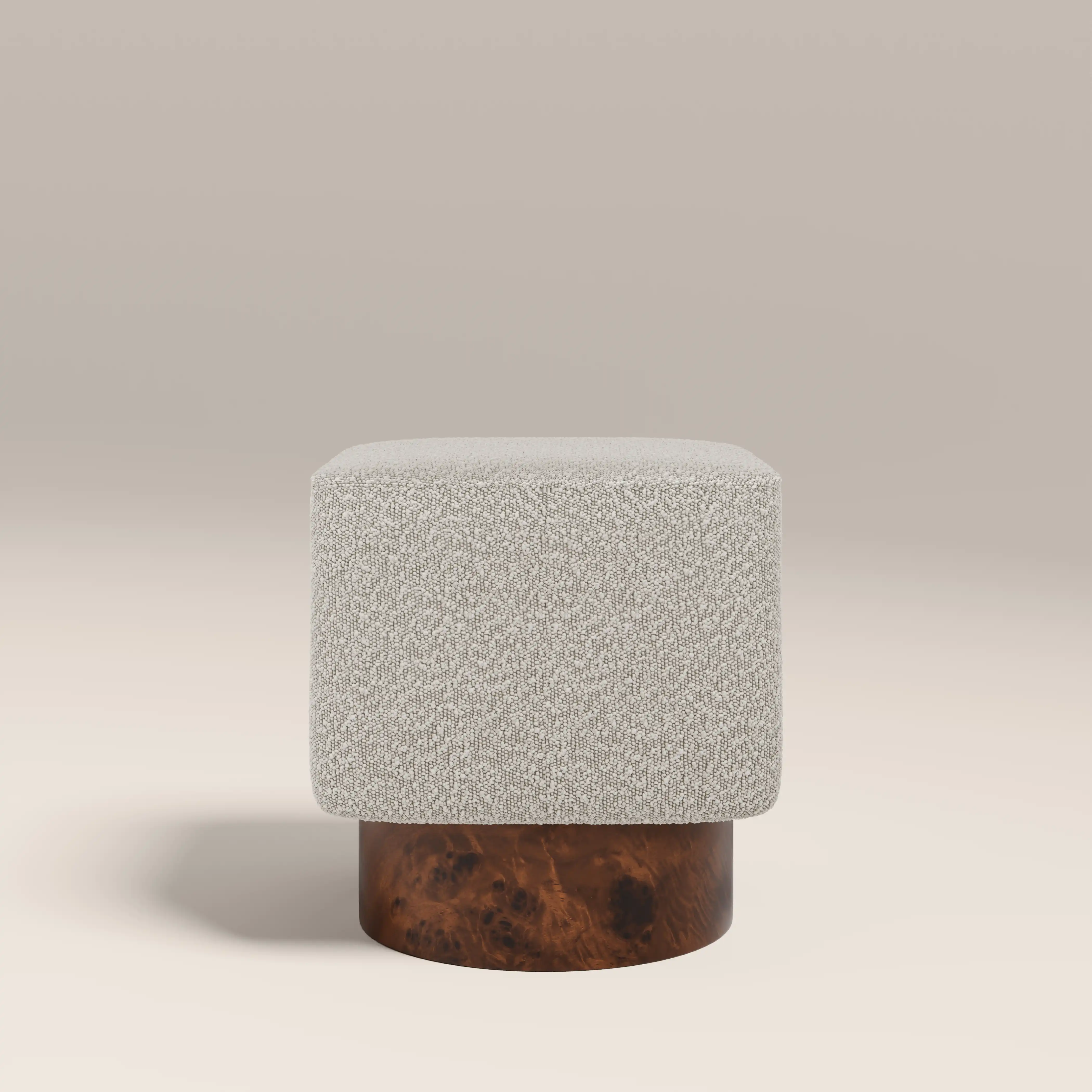 Bidbury Pouffe | Speckled Stone Sustainable Boucle & Walnut Burl Wood - Image 2