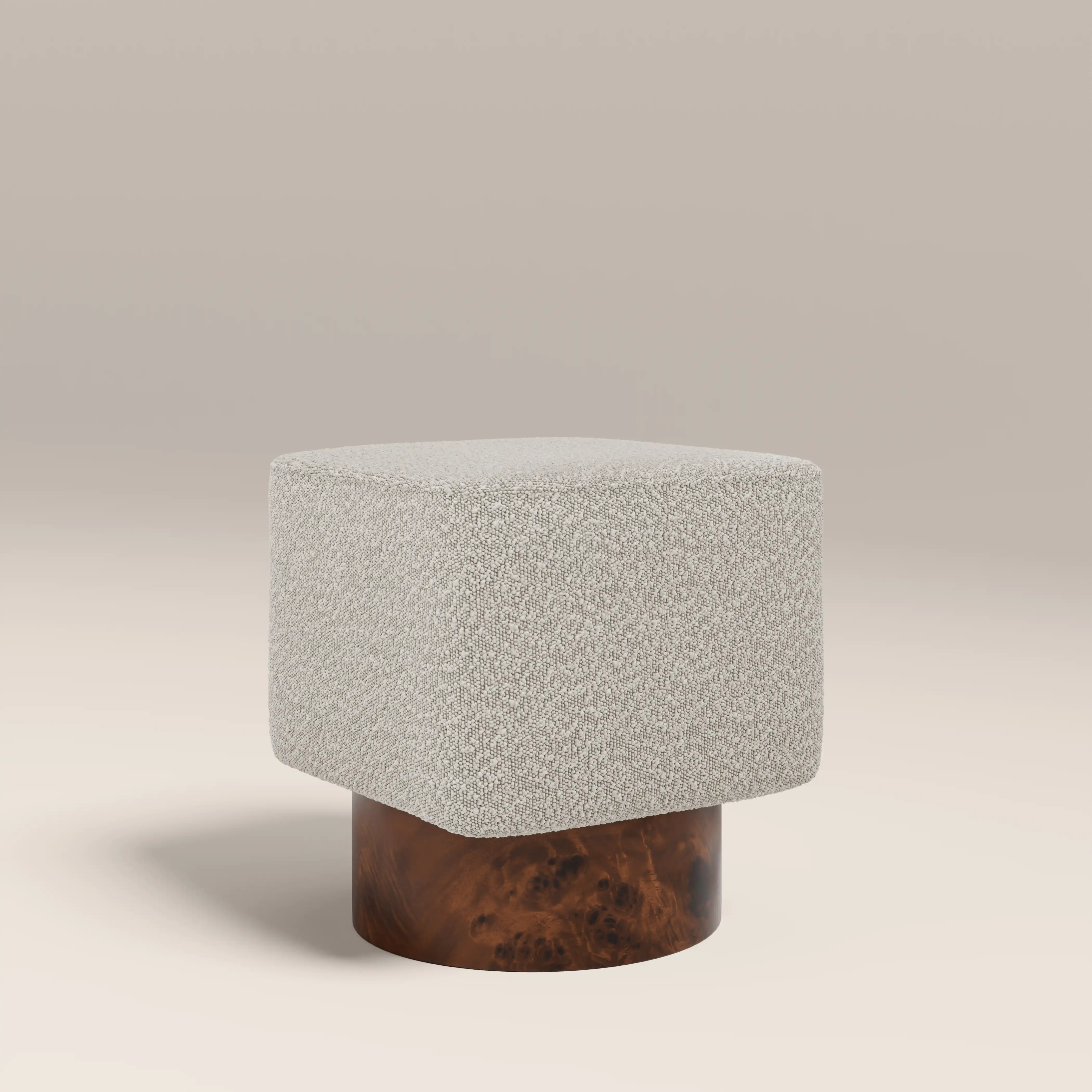 Bidbury Pouffe | Speckled Stone Sustainable Boucle & Walnut Burl Wood - Image 3