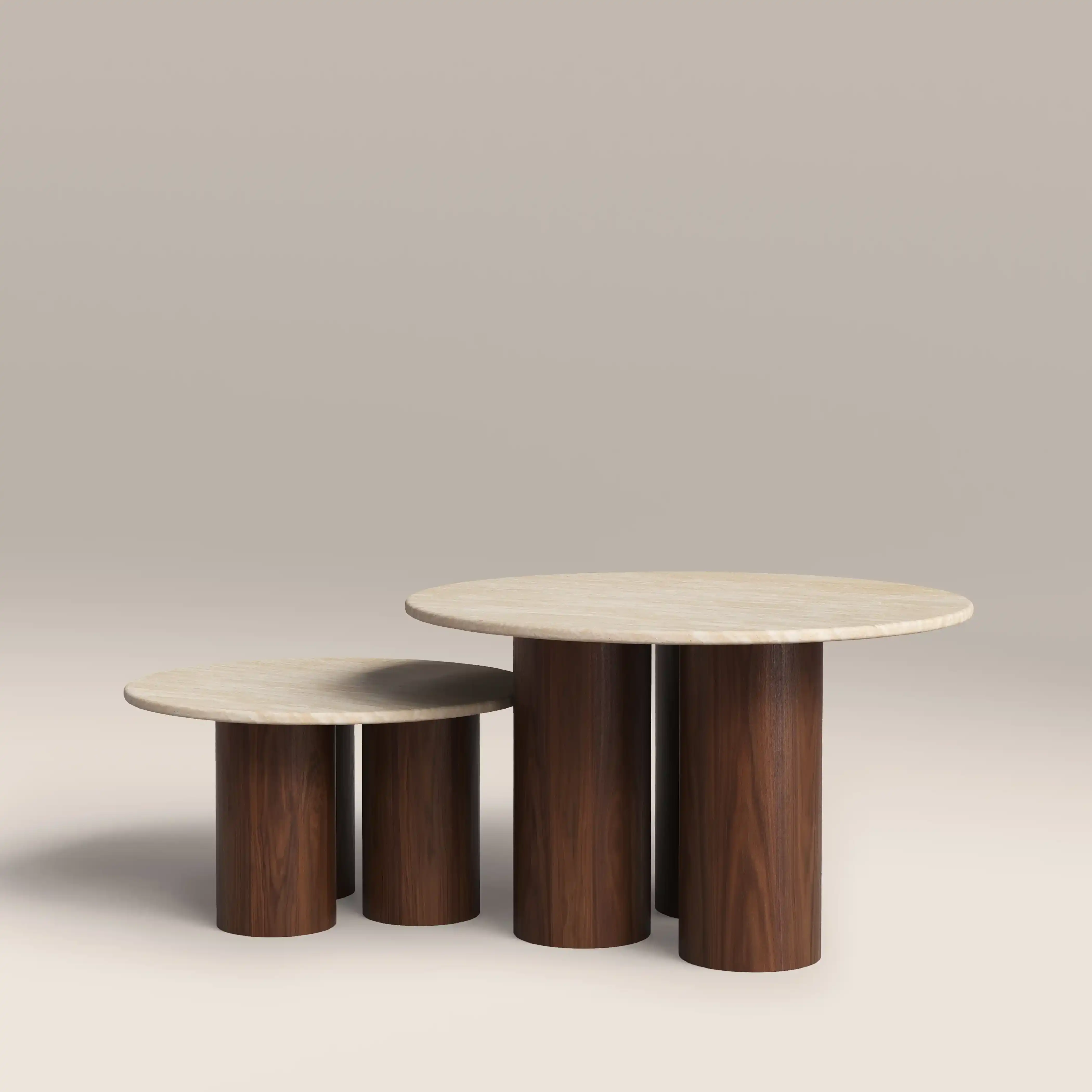 Brynleigh Set of 2 Nesting Round Coffee Tables | Natural Travertine Effect Stone & Walnut - Image 2