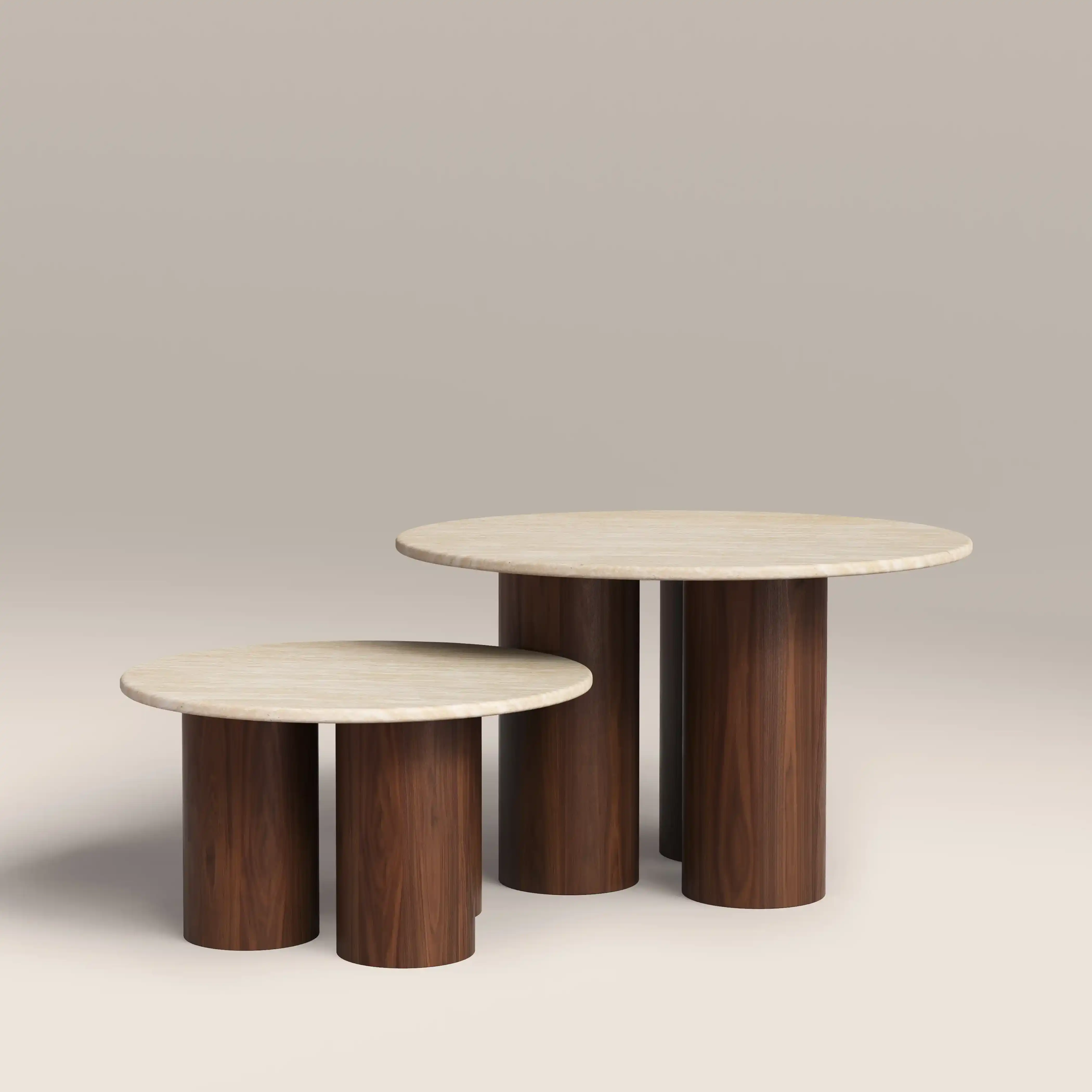 Brynleigh Set of 2 Nesting Round Coffee Tables | Natural Travertine Effect Stone & Walnut - Image 4