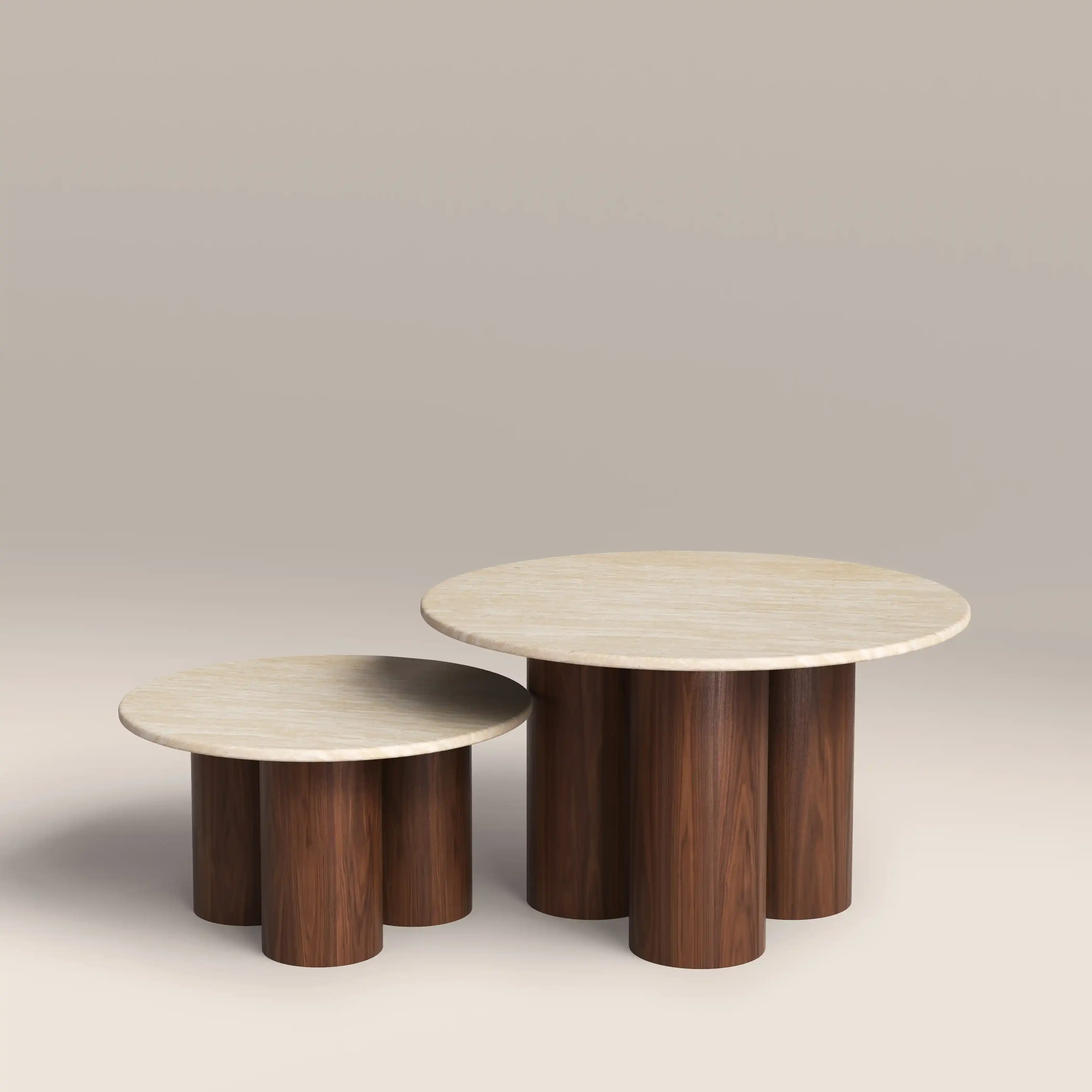Brynleigh Set of 2 Nesting Round Coffee Tables | Natural Travertine Effect Stone & Walnut - Image 5