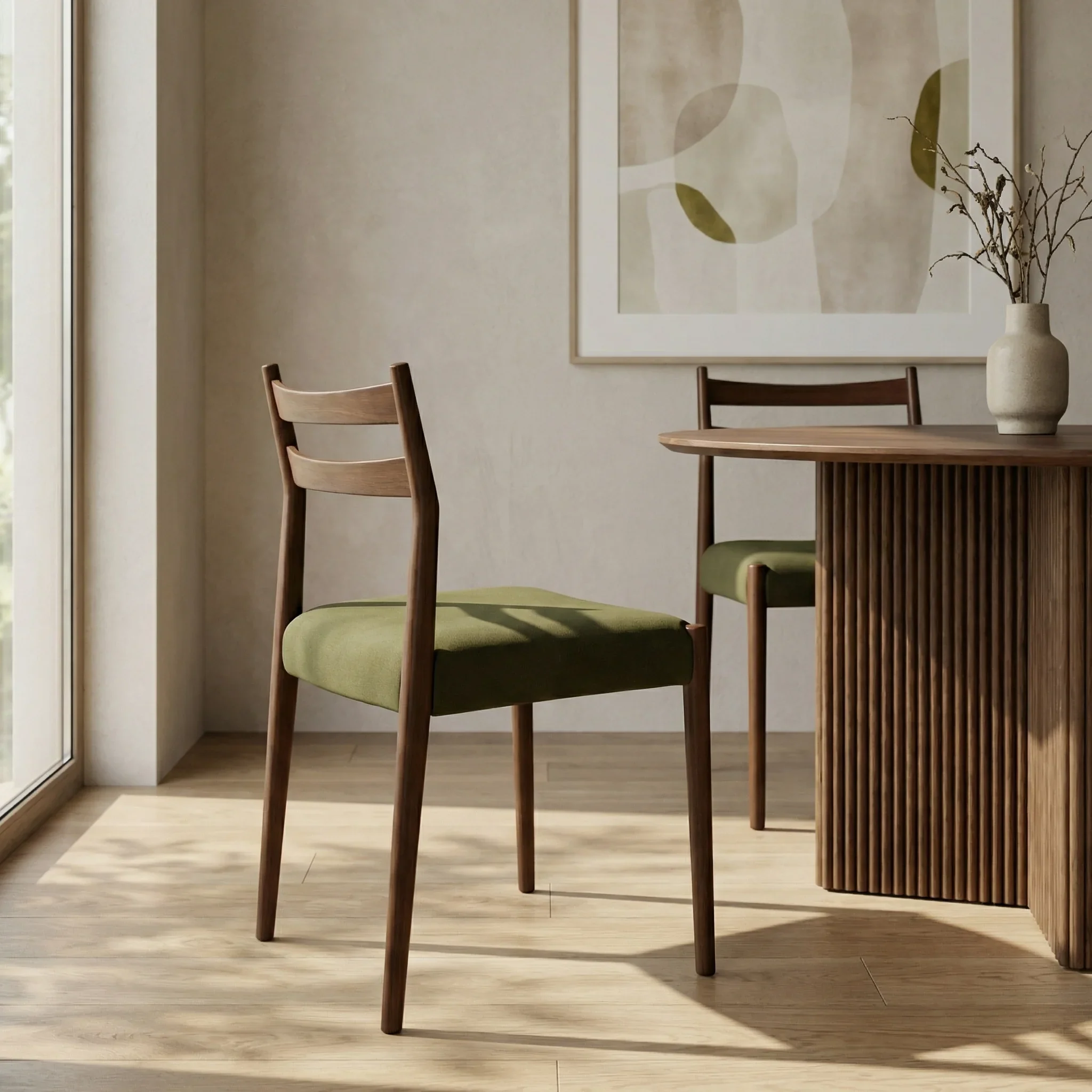 Caleb Wooden Dining Chair | Moss Green Sustainable Mohair Velvet & Walnut - Image 2