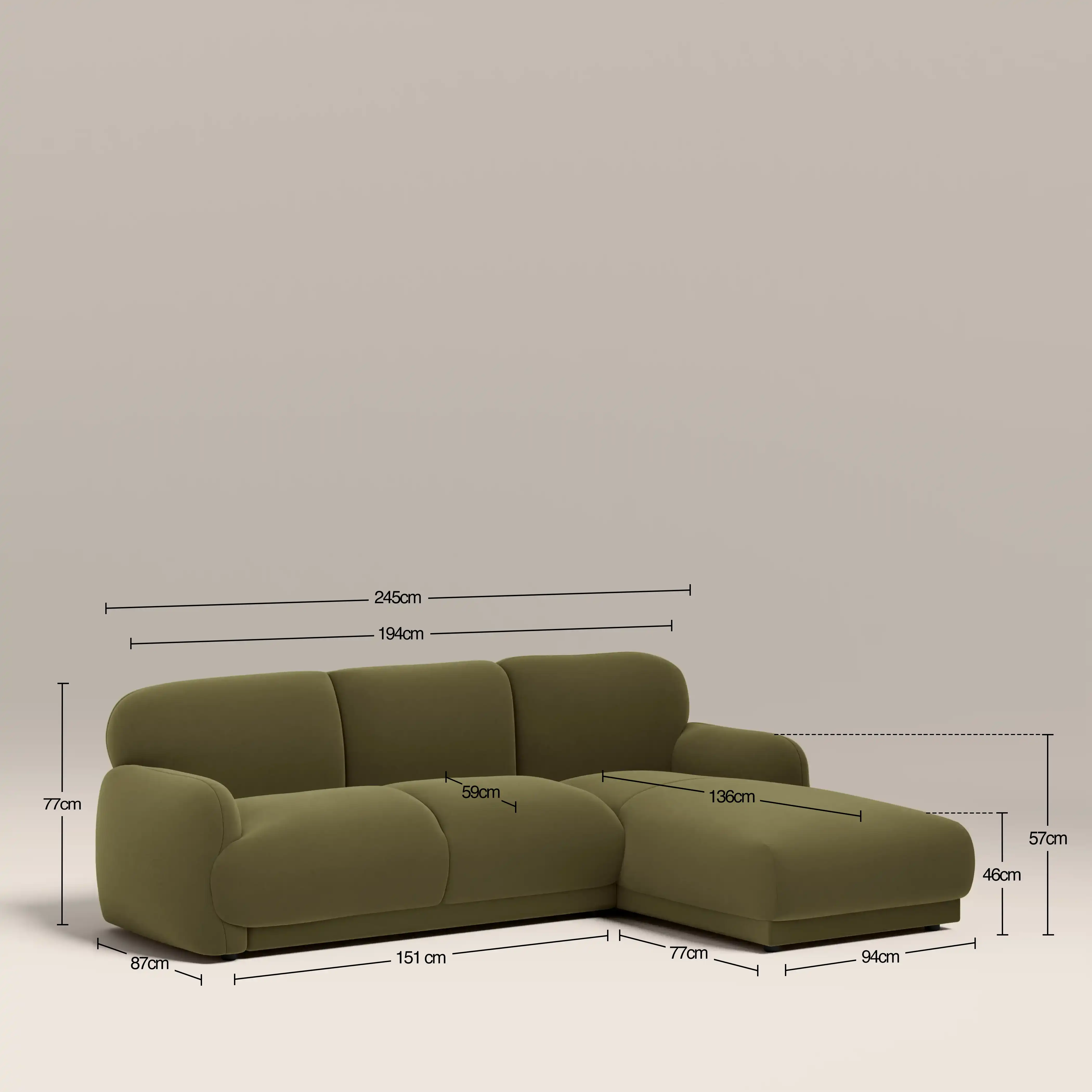 Cloud Right Hand Chaise Sofa | Moss Green Sustainable Mohair Velvet - Image 7