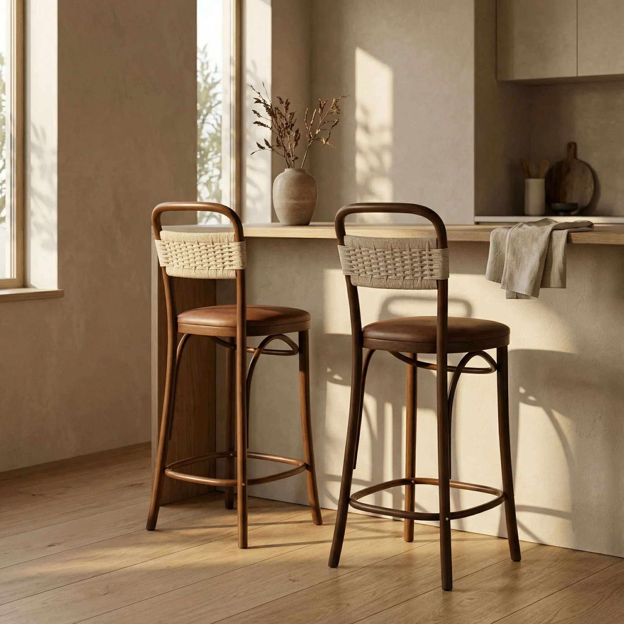 Daisy Wooden Bar Stool | Vintage Tan Faux Leather & Walnut - Image 2