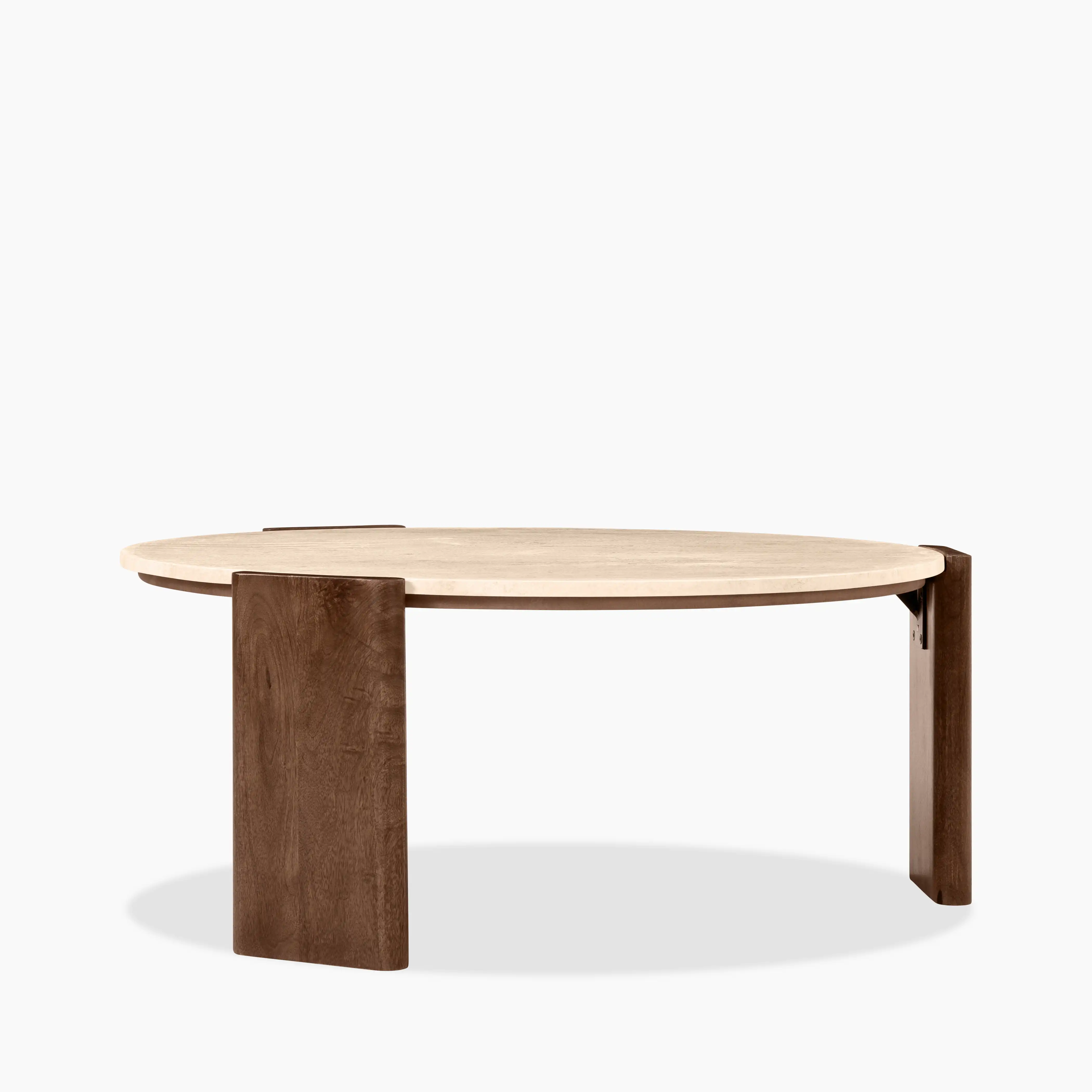 Emil Round Coffee Table | Natural Travertine & Walnut - Image 3