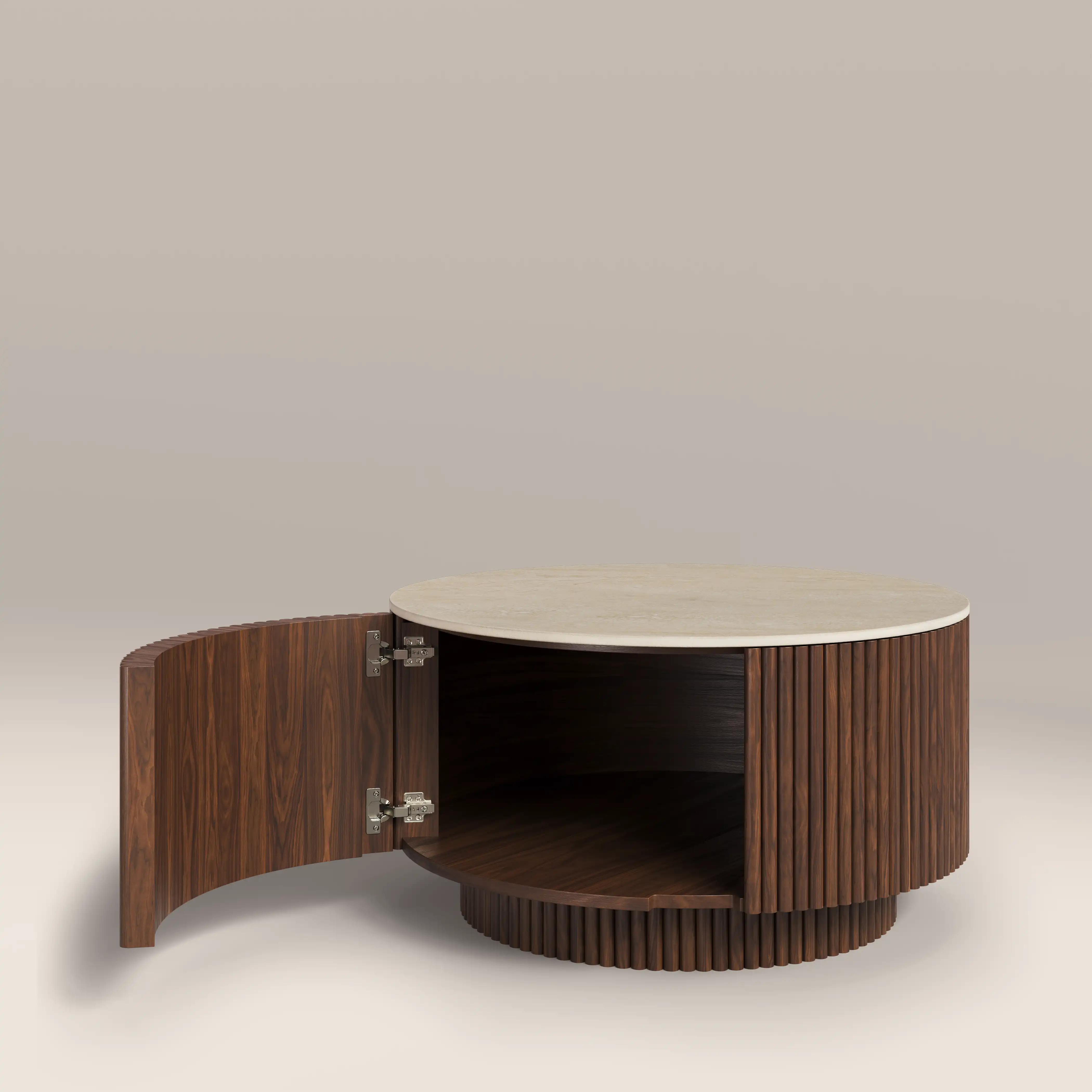 Everly Round Storage Coffee Table | Natural Travertine Effect Sintered Stone & Walnut - Image 3