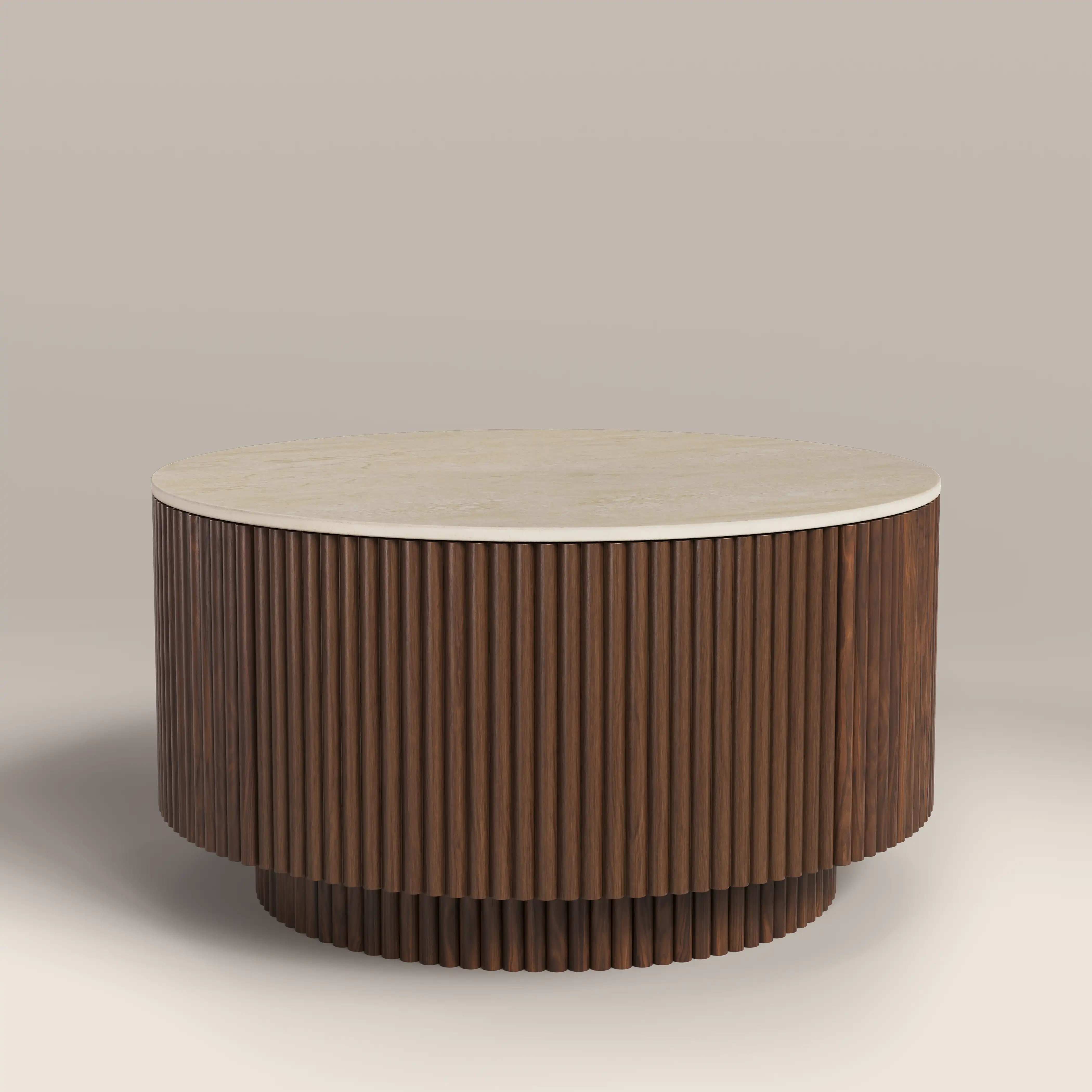 Everly Round Storage Coffee Table | Natural Travertine Effect Sintered Stone & Walnut - Image 5