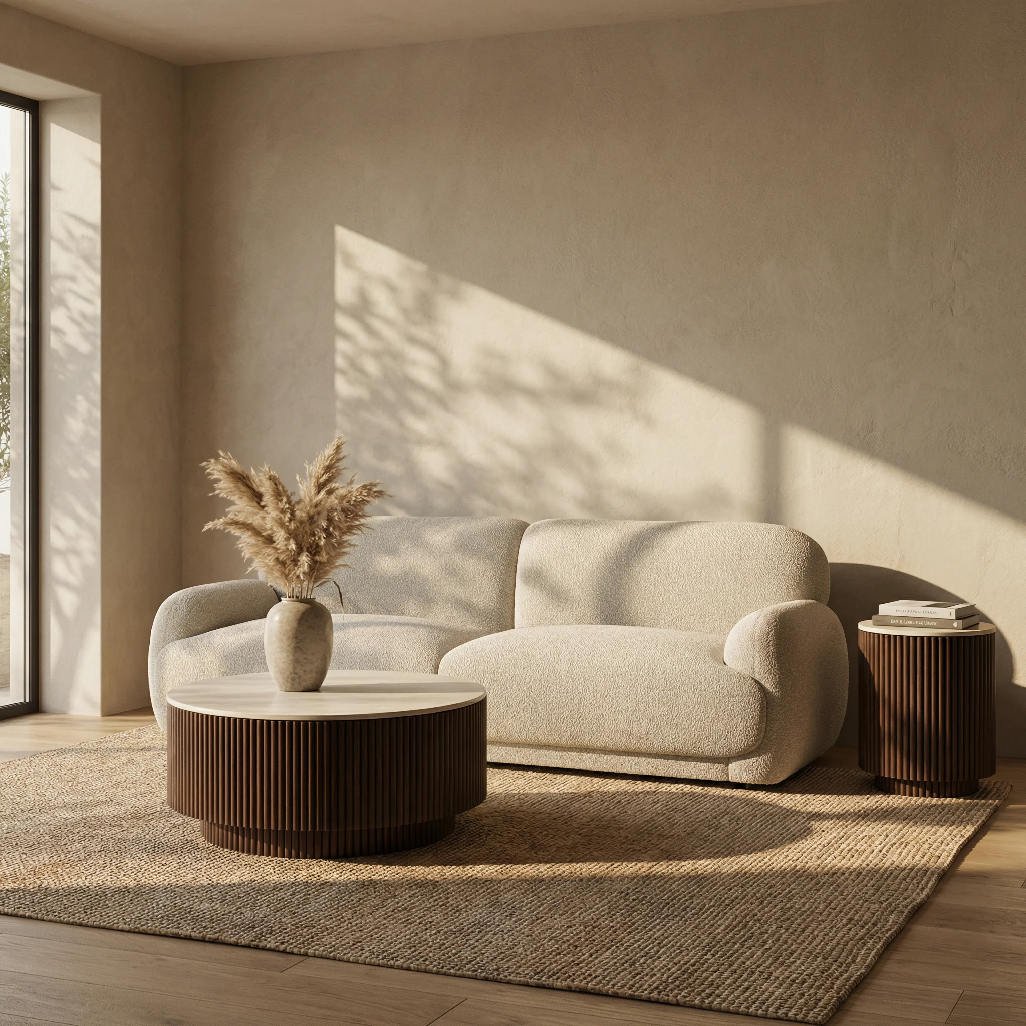 Everly Round Storage Side Table | Natural Travertine Effect Sintered Stone & Walnut - Image 2