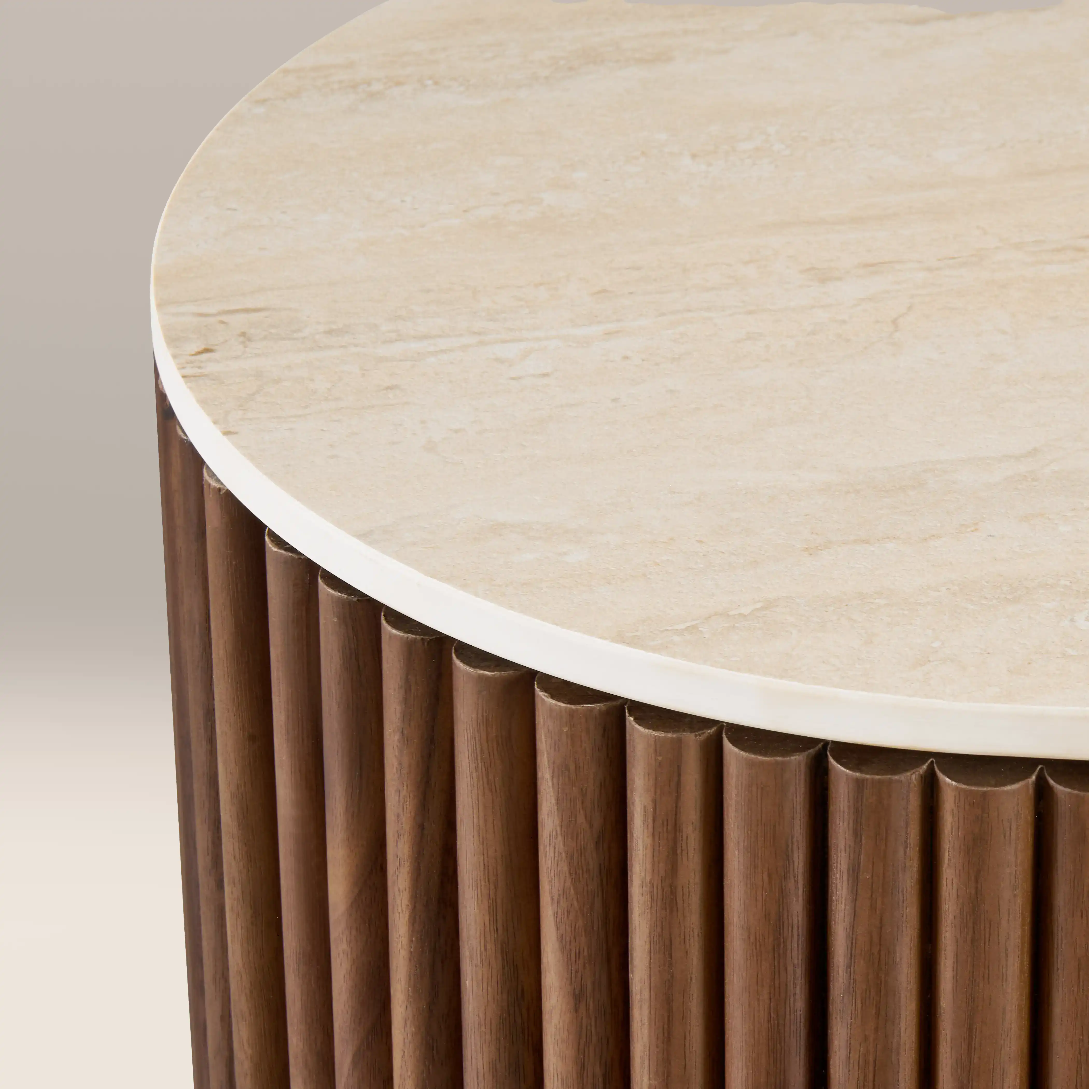 Everly Round Storage Side Table | Natural Travertine Effect Sintered Stone & Walnut - Image 6