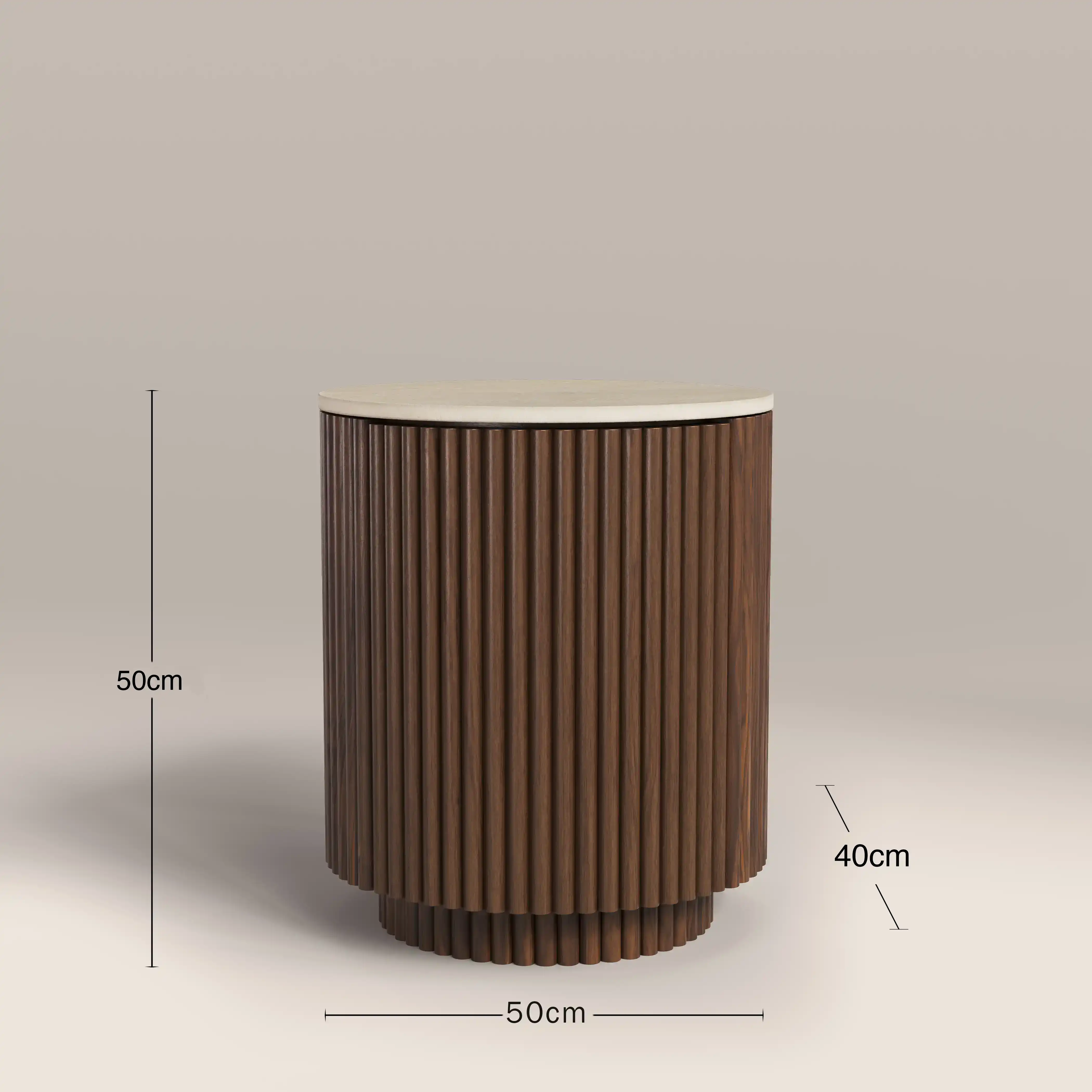 Everly Round Storage Side Table | Natural Travertine Effect Sintered Stone & Walnut - Image 7