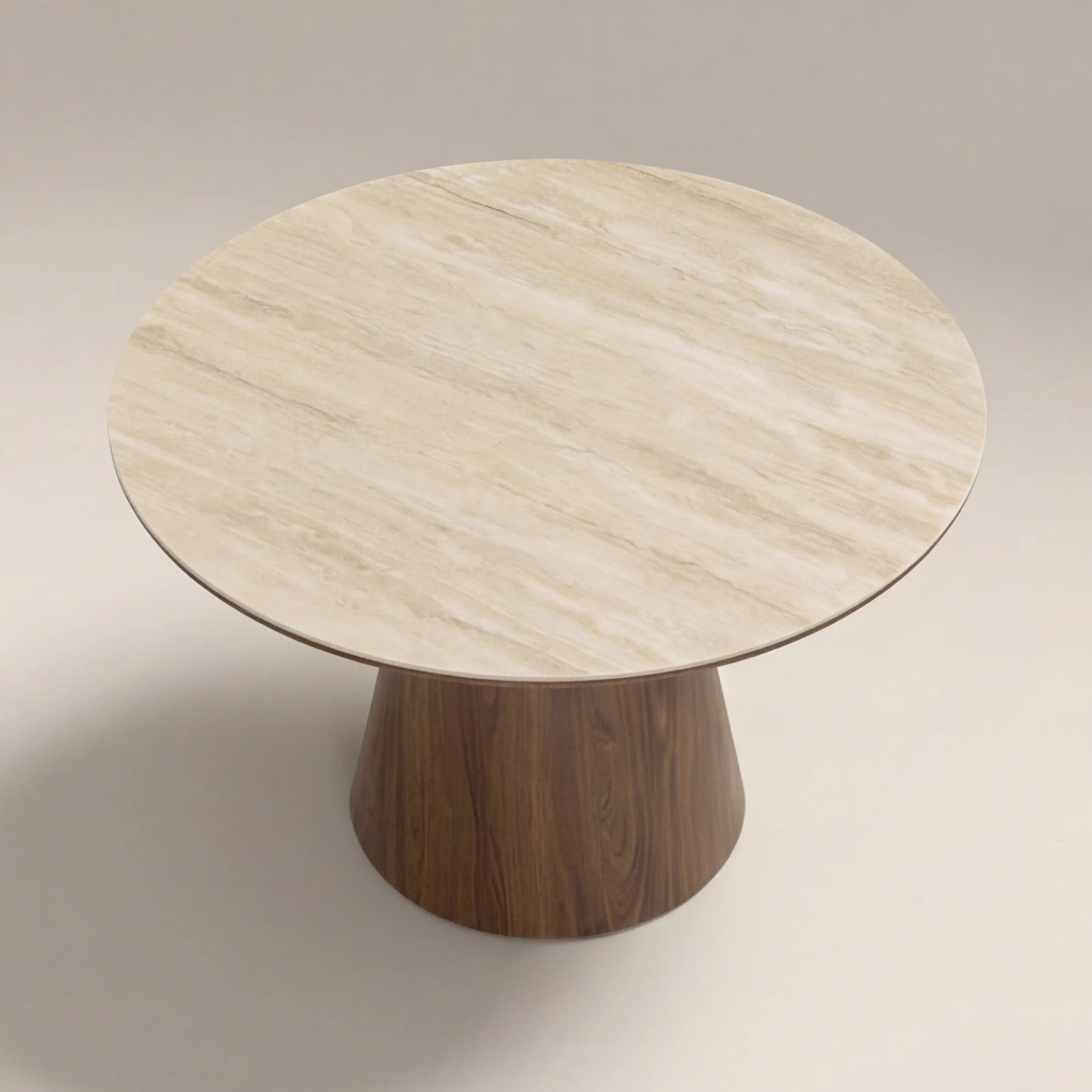 Finnley Large 4 Seat Round Dining Table | Natural Travertine Effect Sintered Stone & Walnut - Image 4
