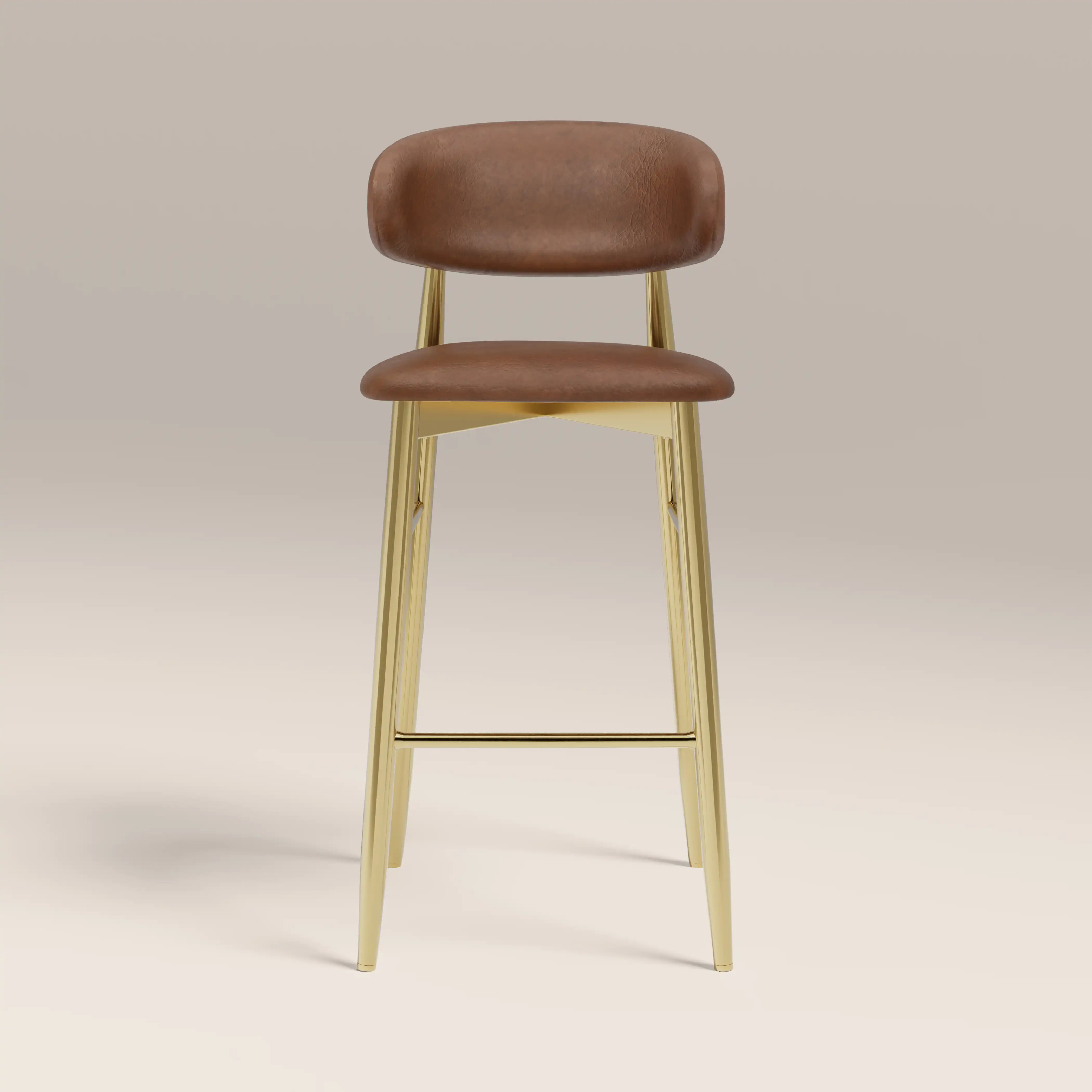 Halston Bar Stool | Vintage Tan Faux Leather & Brass - Image 2