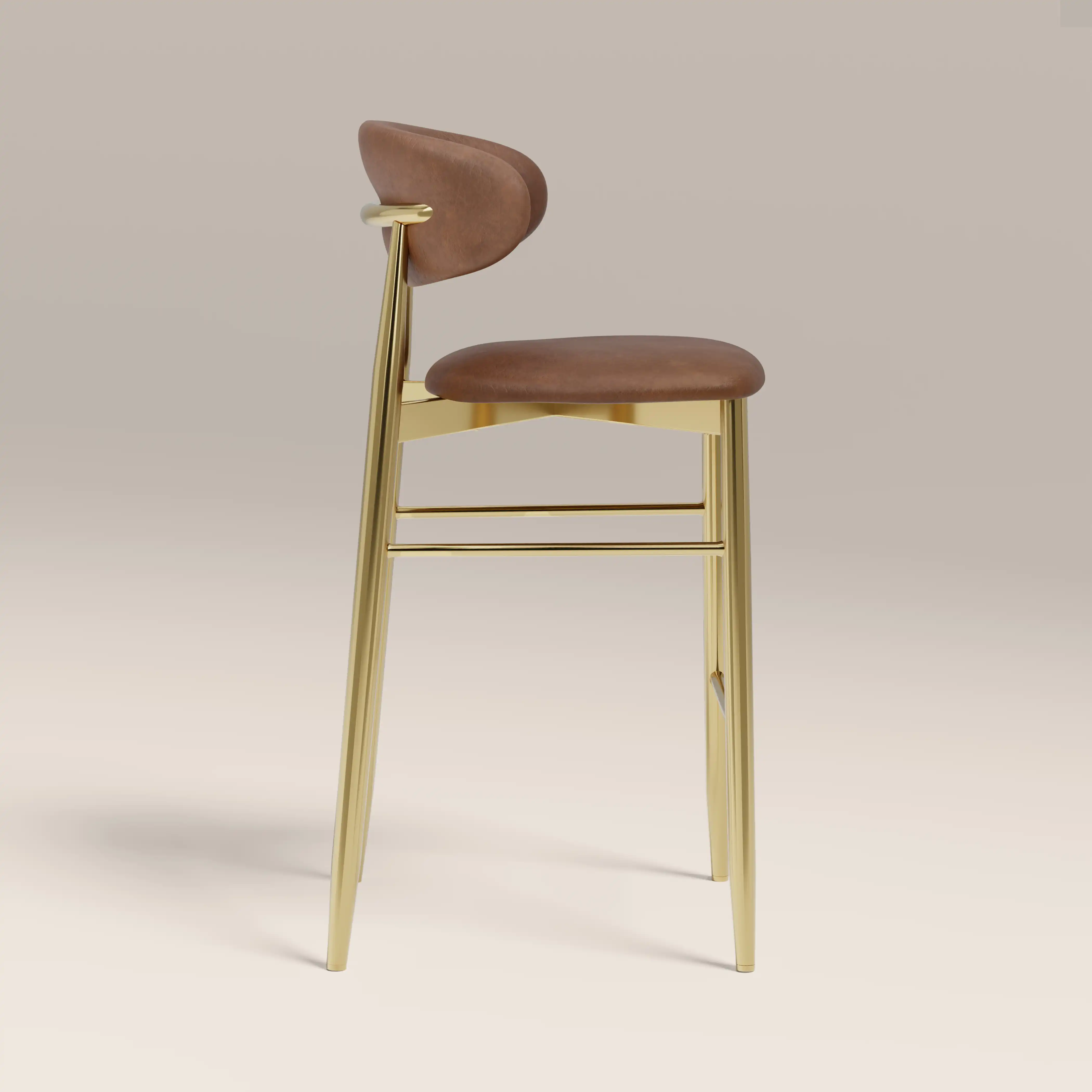 Halston Bar Stool | Vintage Tan Faux Leather & Brass - Image 4
