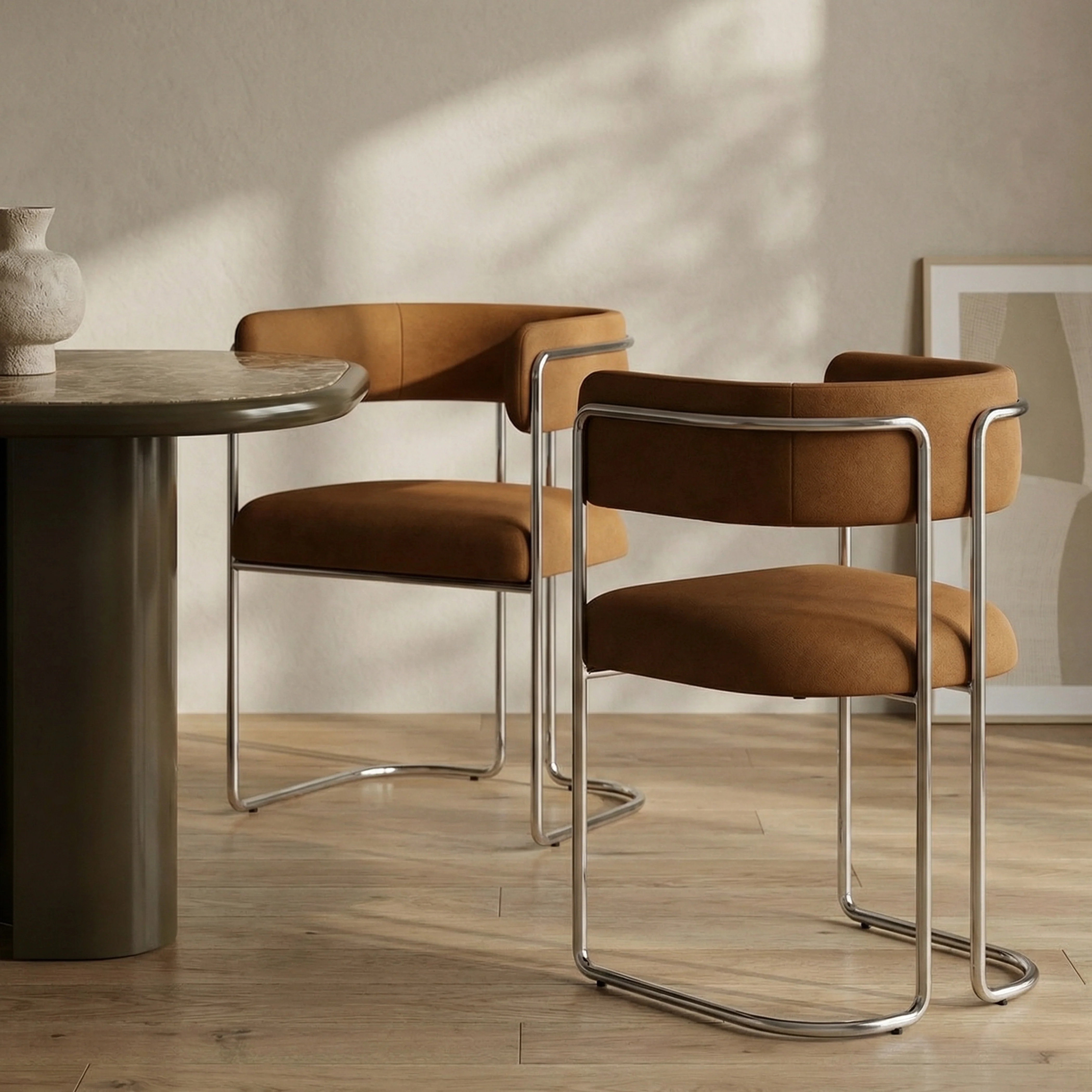 Juliana Carver Dining Chair | Caramel Brown Sustainable Mohair Velvet & Chrome - Image 2