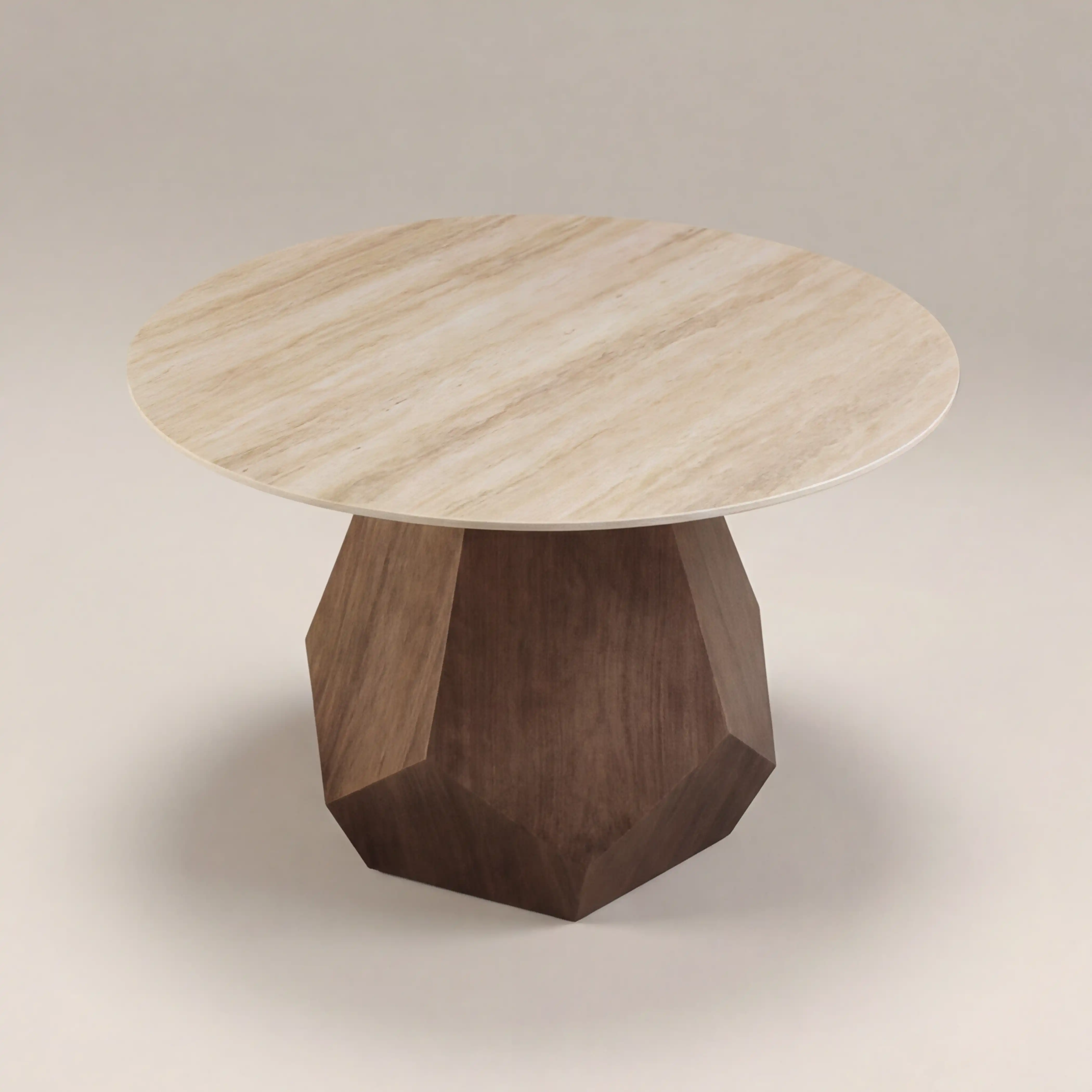 Lilian 4 Seat Round Dining Table | Natural Travertine Effect Sintered Stone & Walnut - Image 4