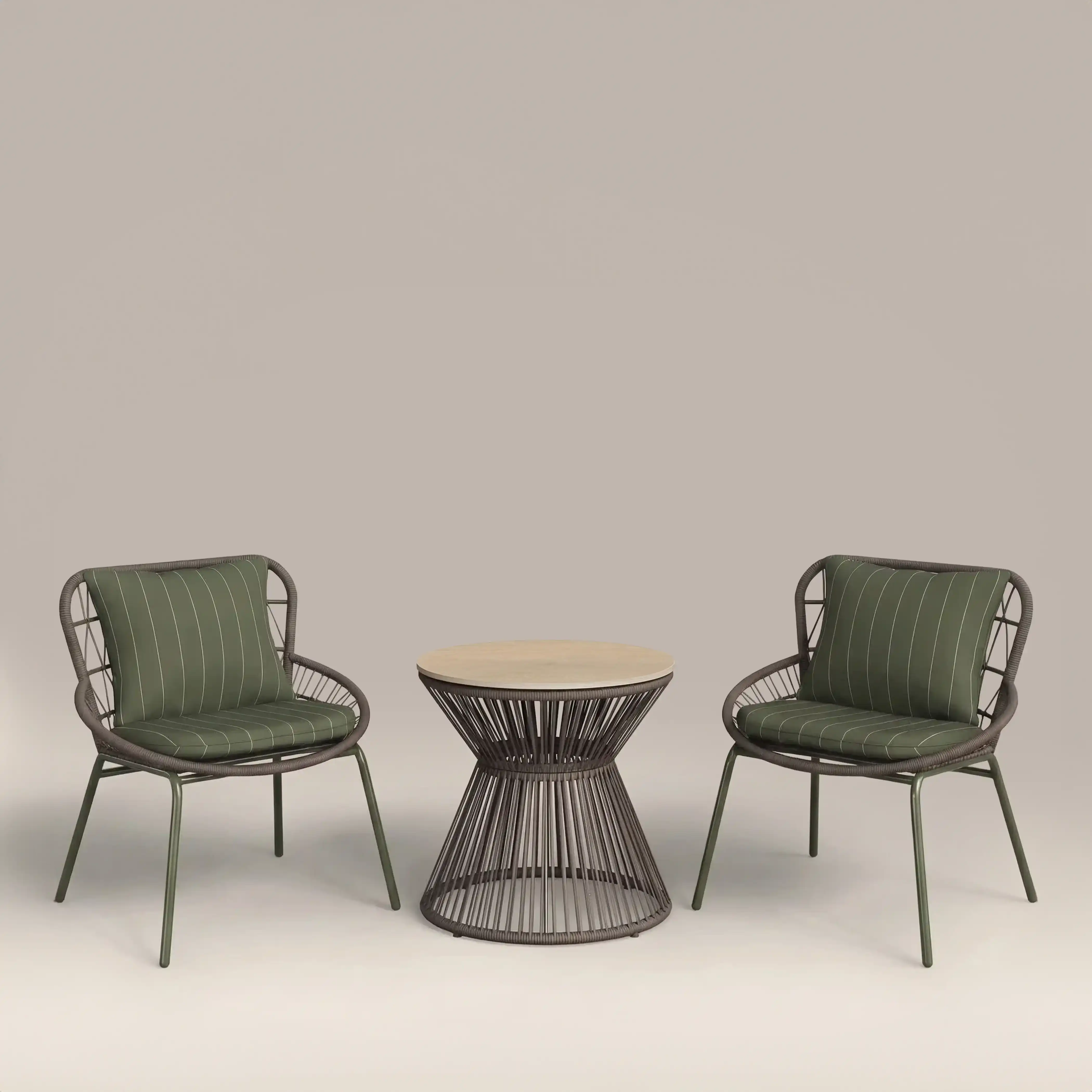 Loren Garden Bistro Lounge  Set | Moss Green Stripe & Rattan - Image 2