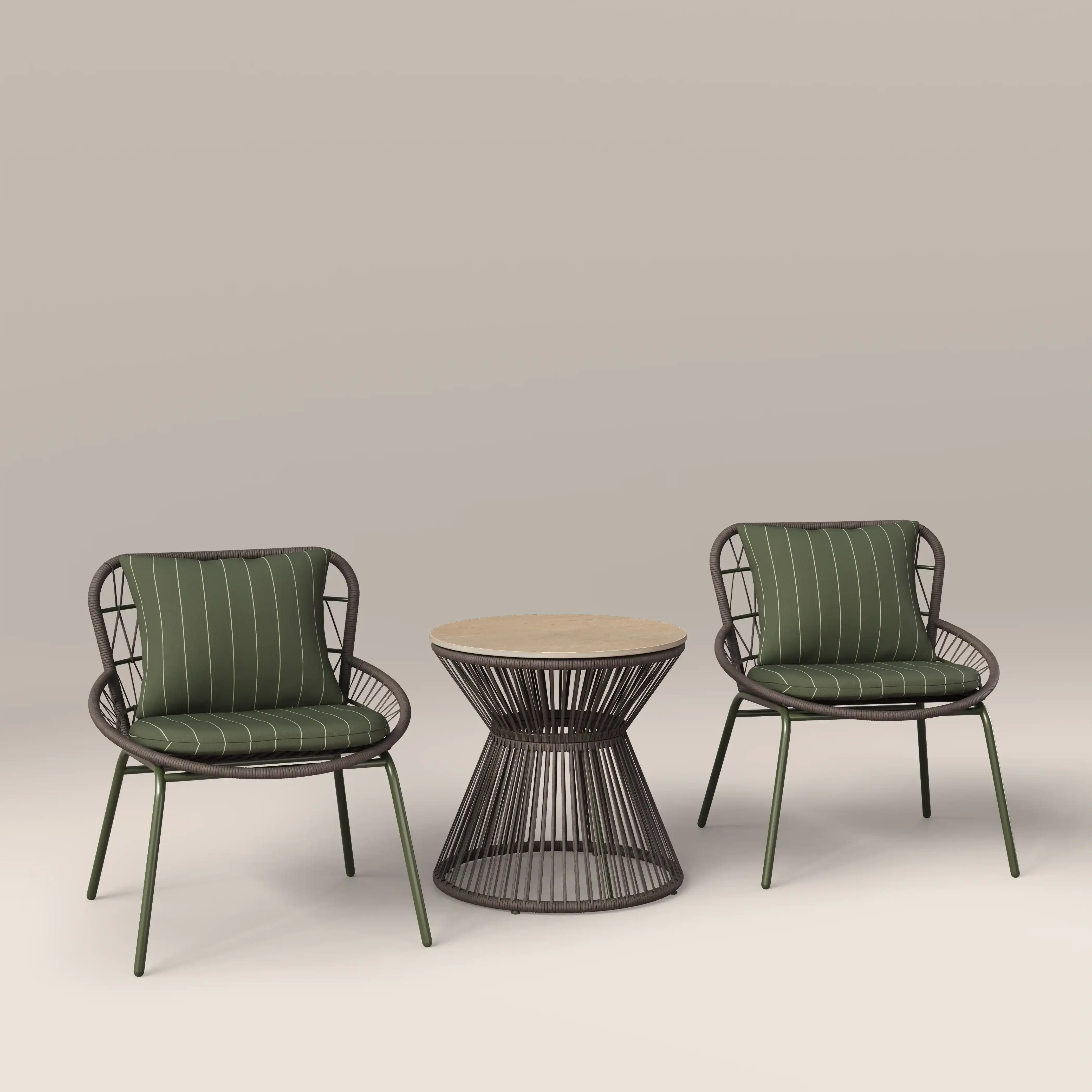 Loren Garden Bistro Lounge  Set | Moss Green Stripe & Rattan - Image 4