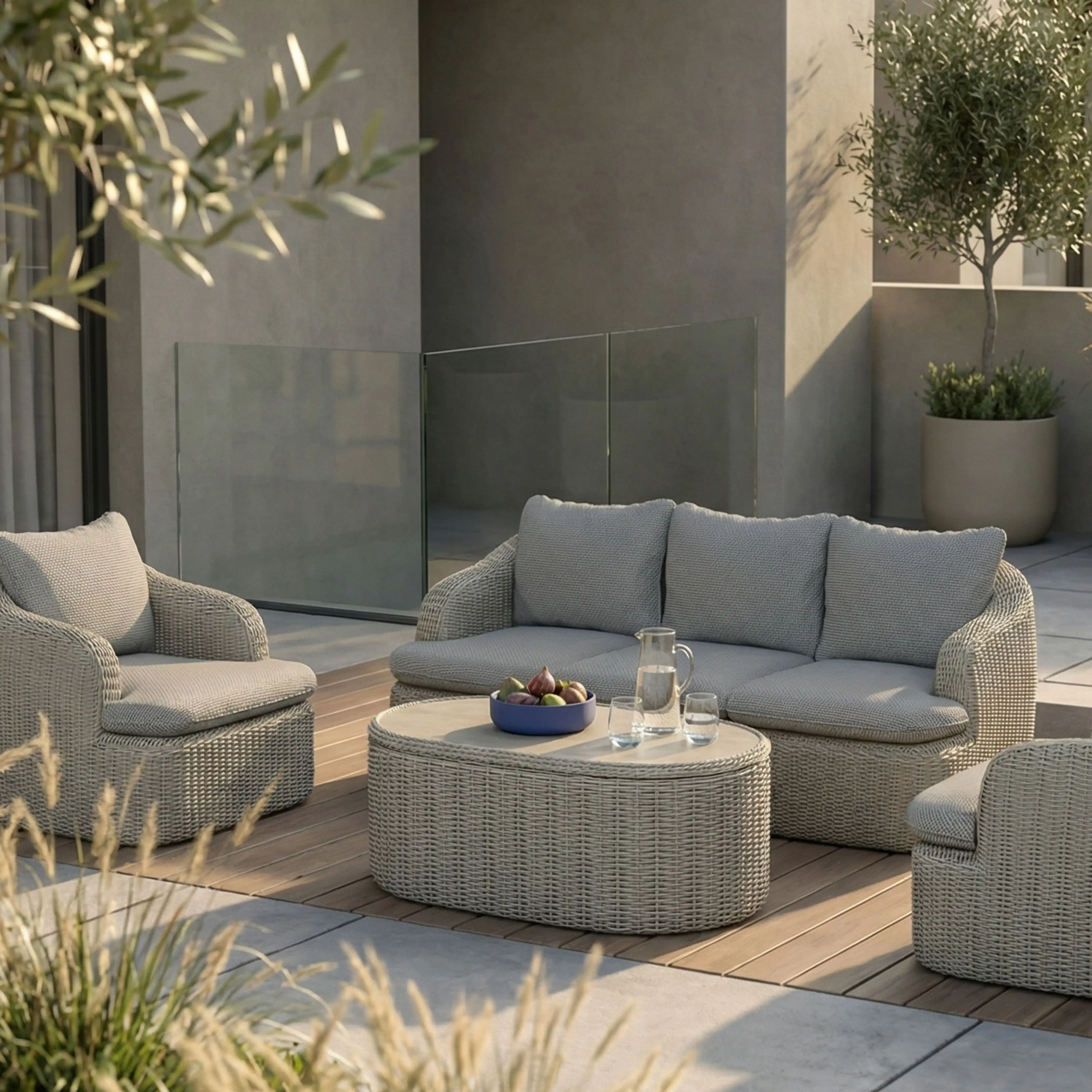 Lucia Garden Sofa Set | Dove Grey Pattern Fabric & Putty Grey Rattan - Image 2