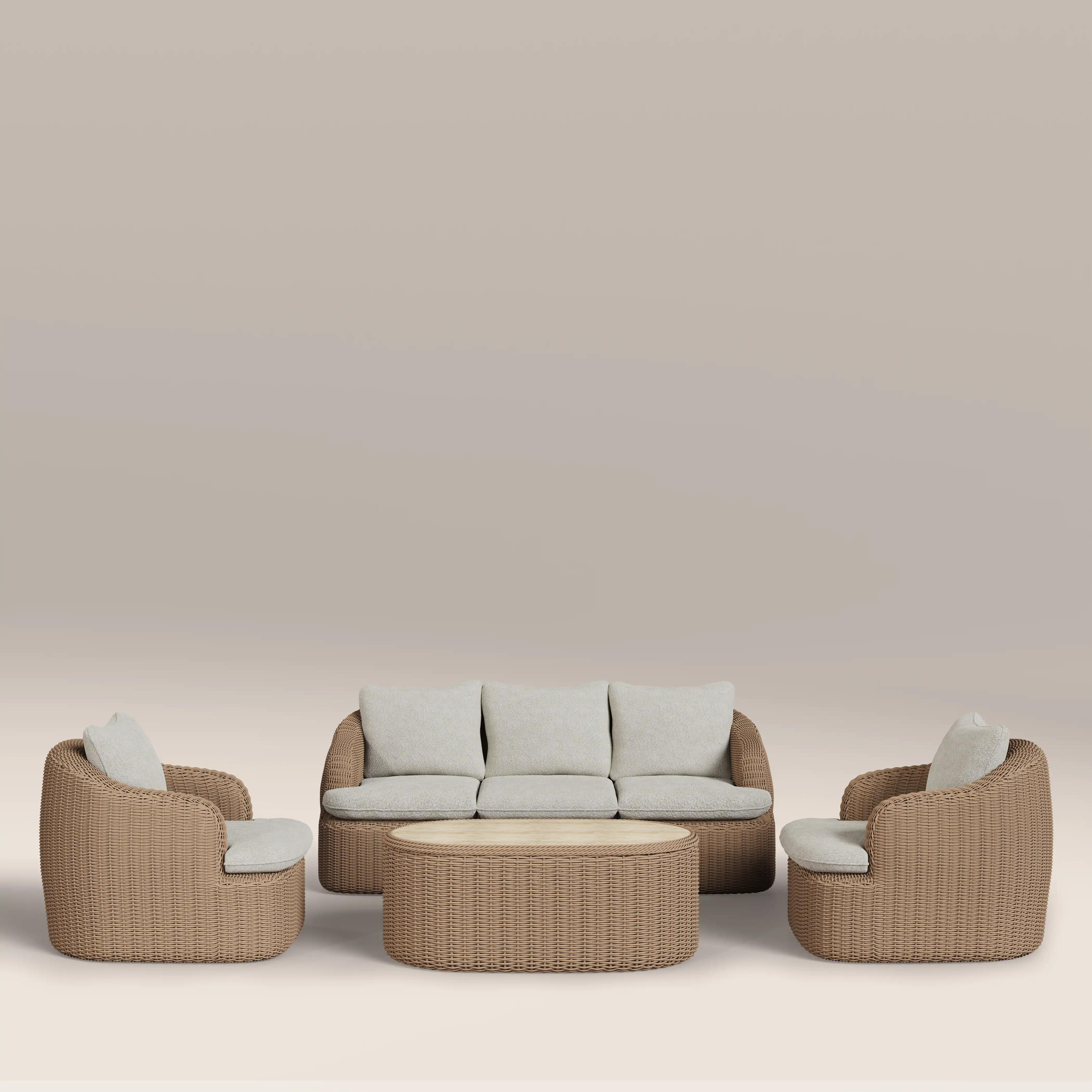 Lucia Garden Sofa Set | Stone Boucle & Natural Rattan - Image 3