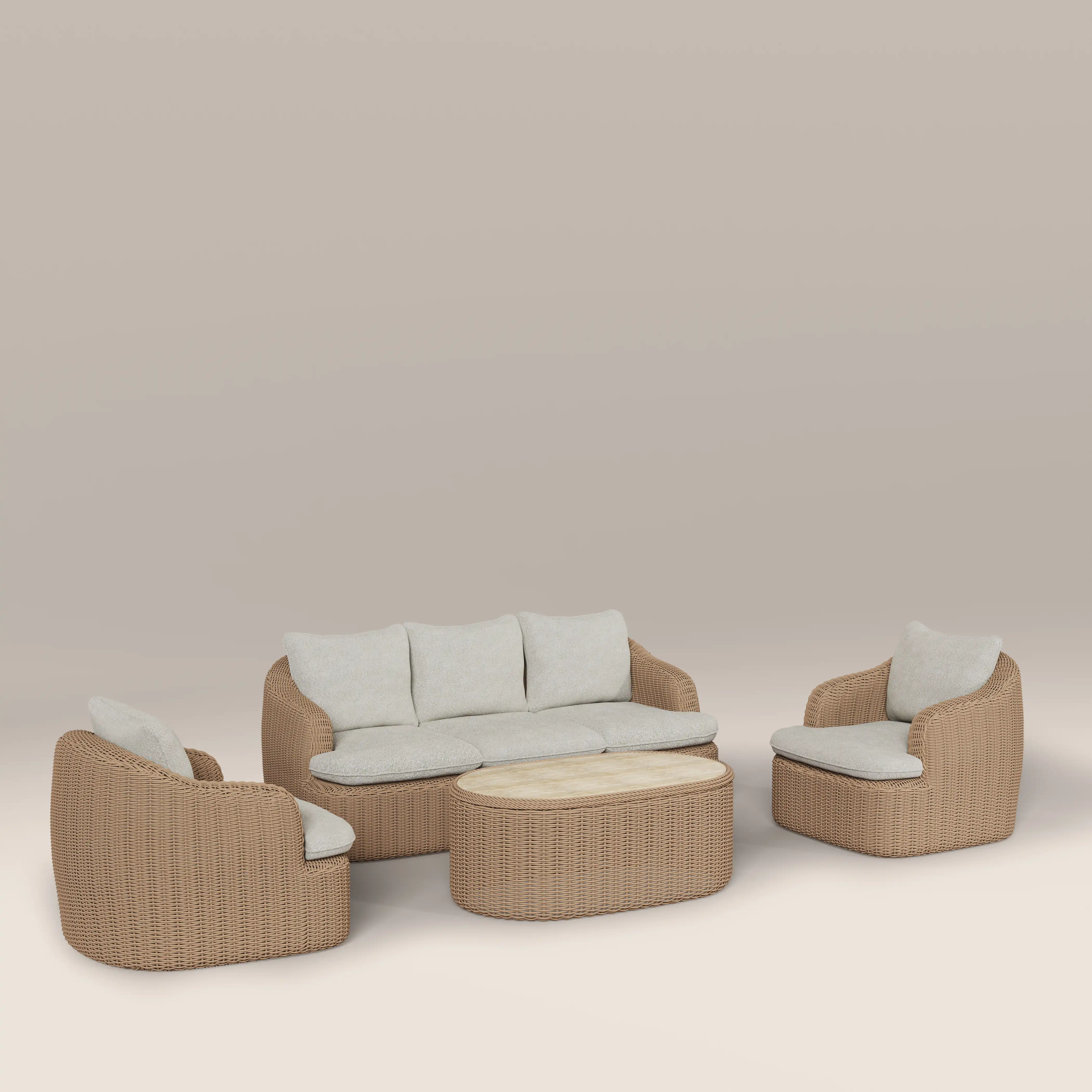 Lucia Garden Sofa Set | Stone Boucle & Natural Rattan - Image 6