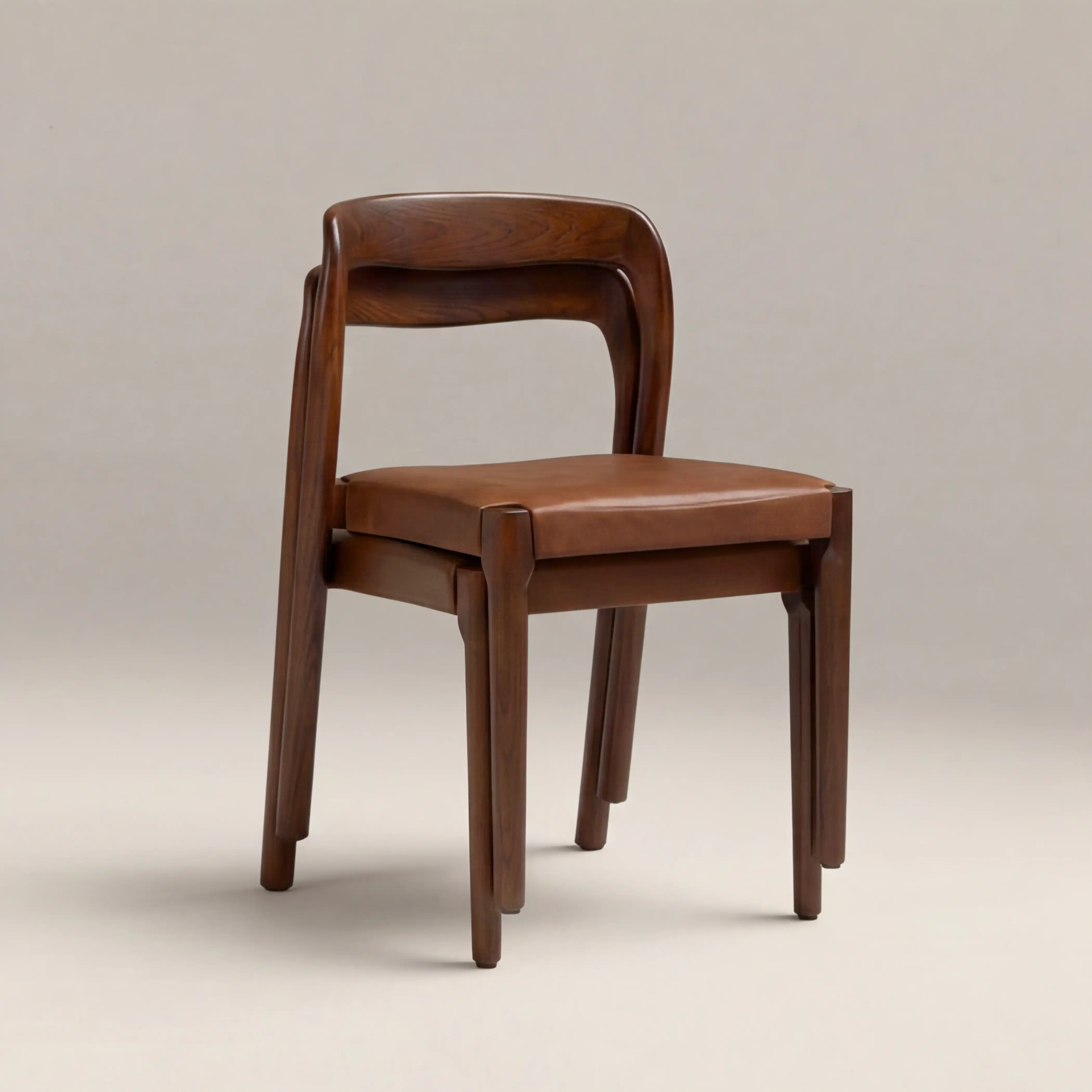Madeleine Stackable Wooden Dining Chair | Vintage Tan Faux Leather & Walnut - Image 4