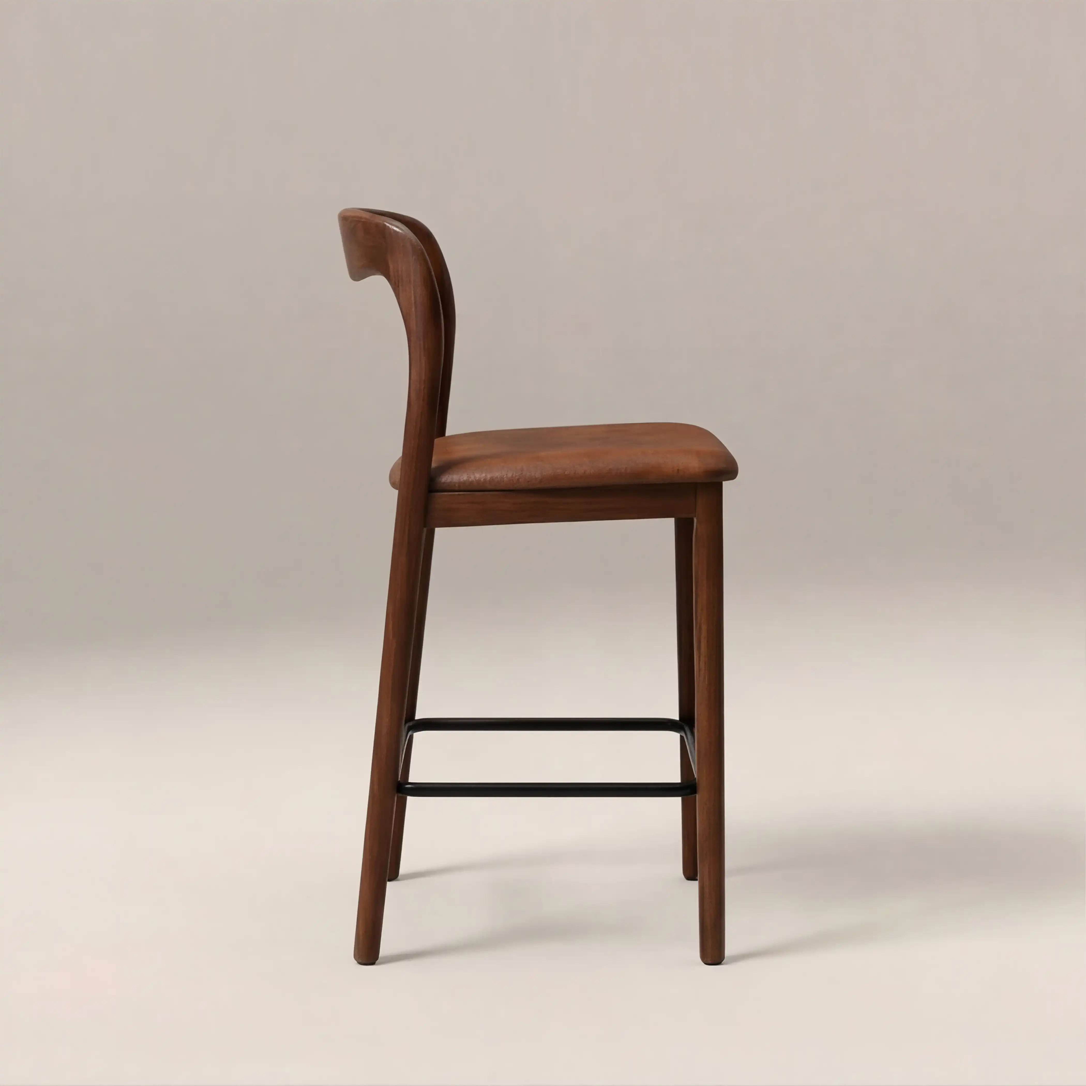 Madeleine Wooden Kitchen Stool | Vintage Tan Faux Leather & Walnut - Image 4