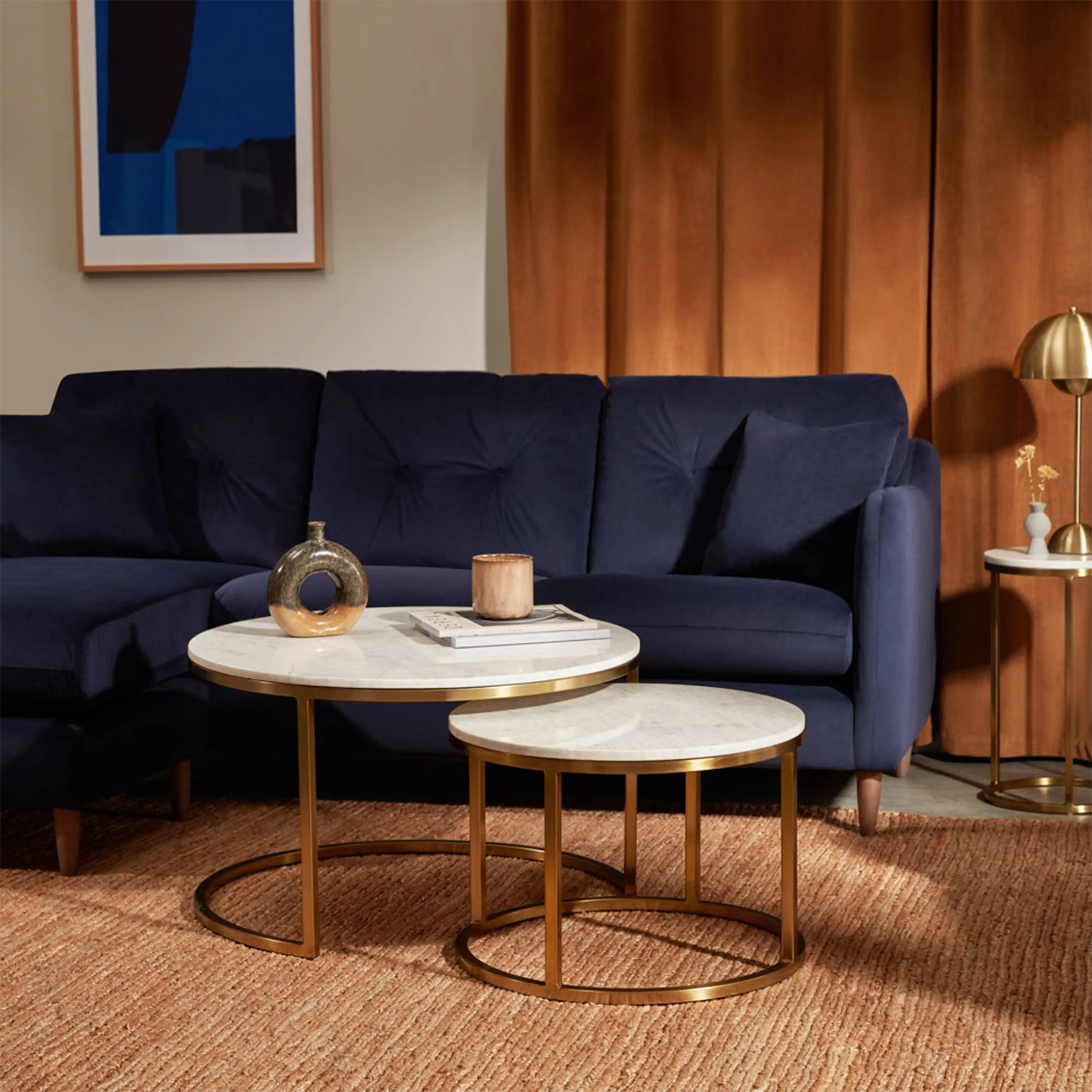 Madison Set Of 2 Round Nesting Coffee Tables | White Marble & Brass - Image 2