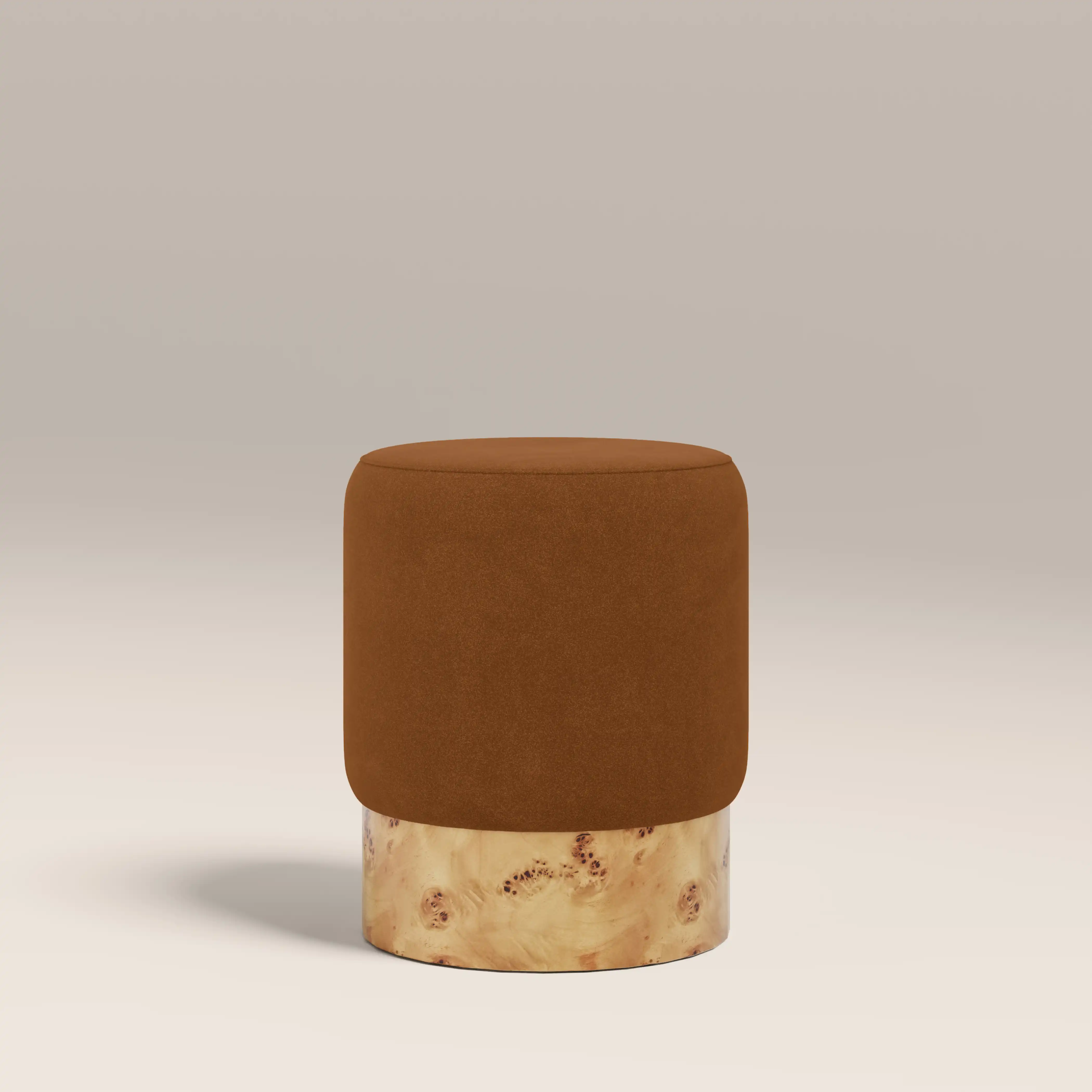 Marie Pouffe | Caramel Brown Sustainable Mohair Velvet & Burl Wood - Image 2