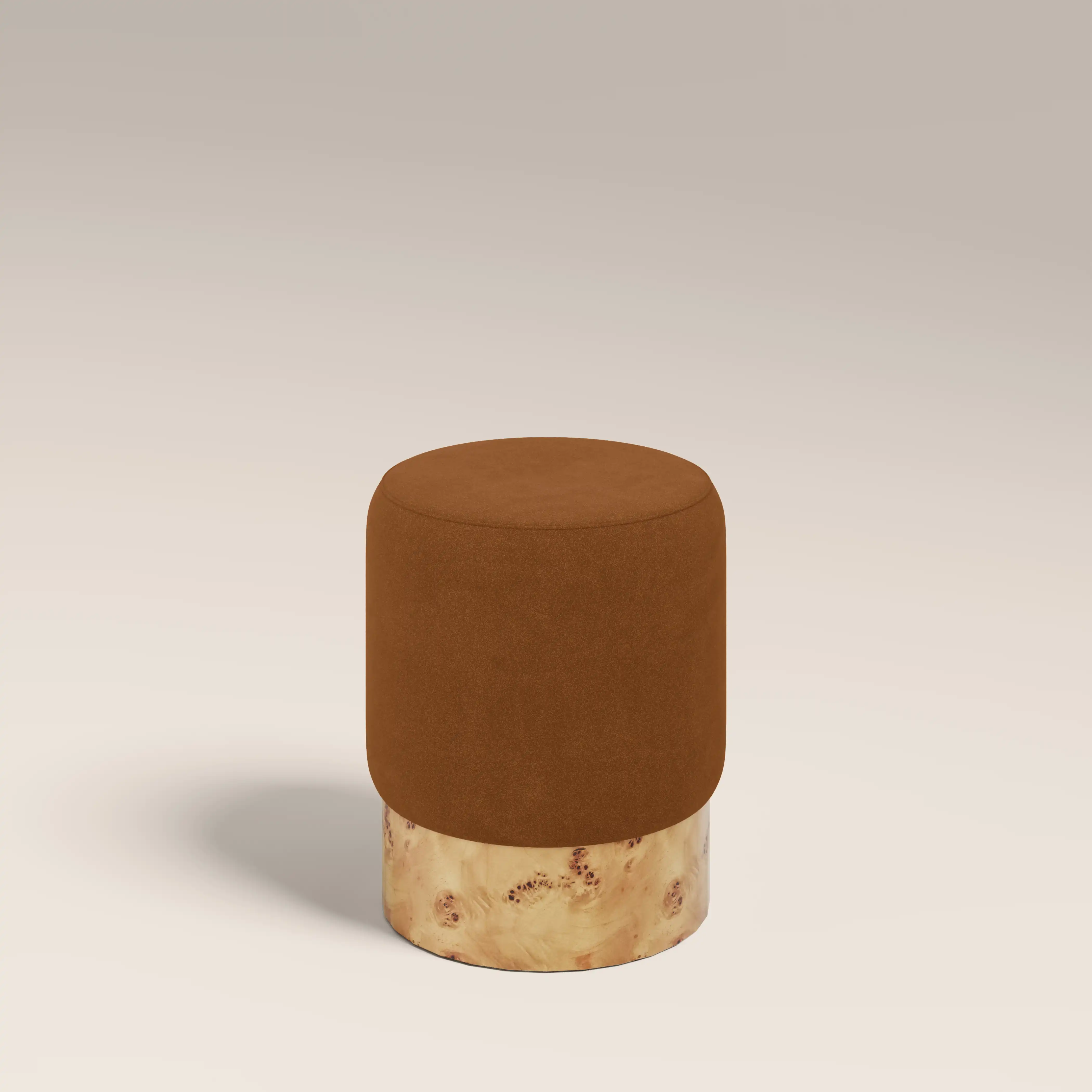 Marie Pouffe | Caramel Brown Sustainable Mohair Velvet & Burl Wood - Image 3