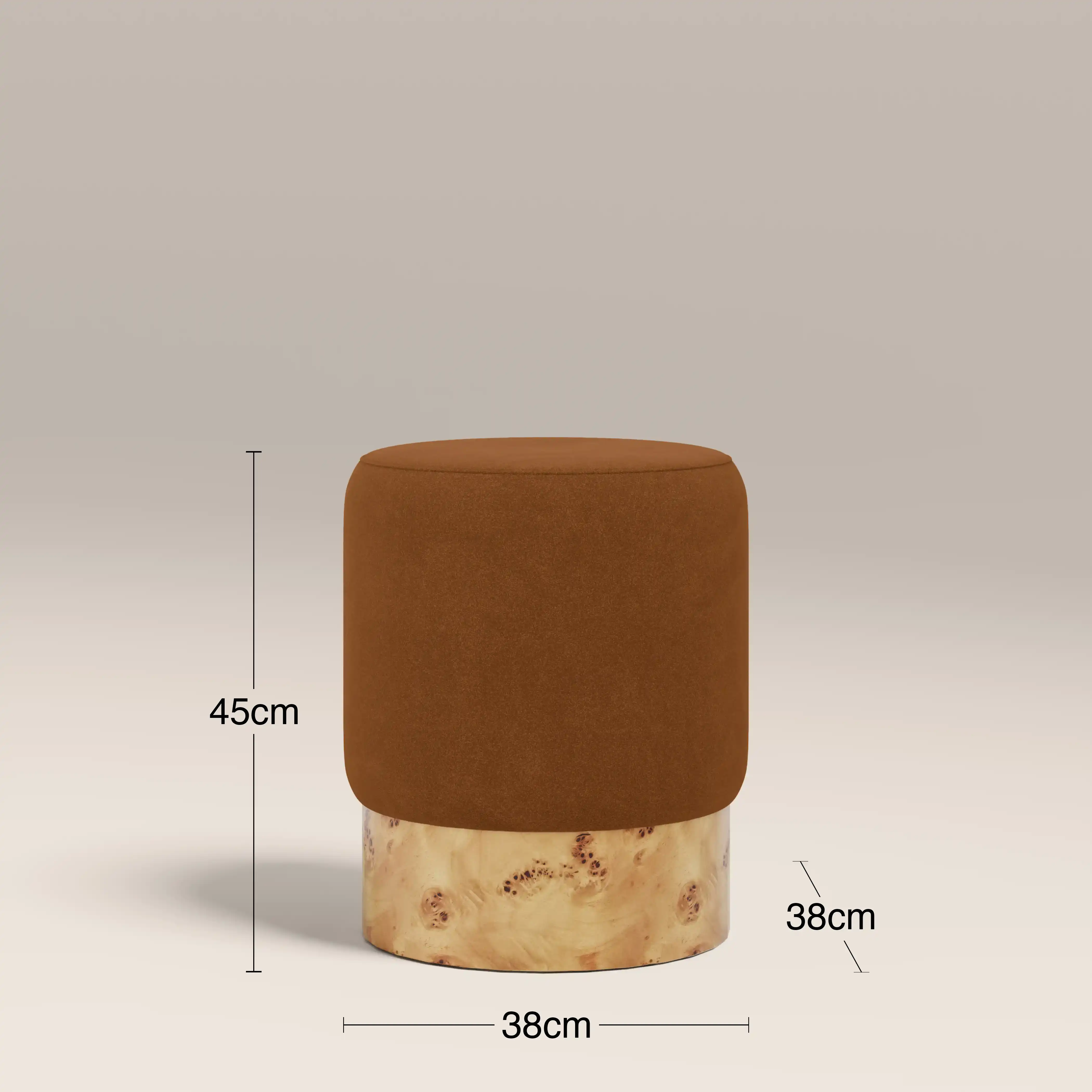 Marie Pouffe | Caramel Brown Sustainable Mohair Velvet & Burl Wood - Image 5