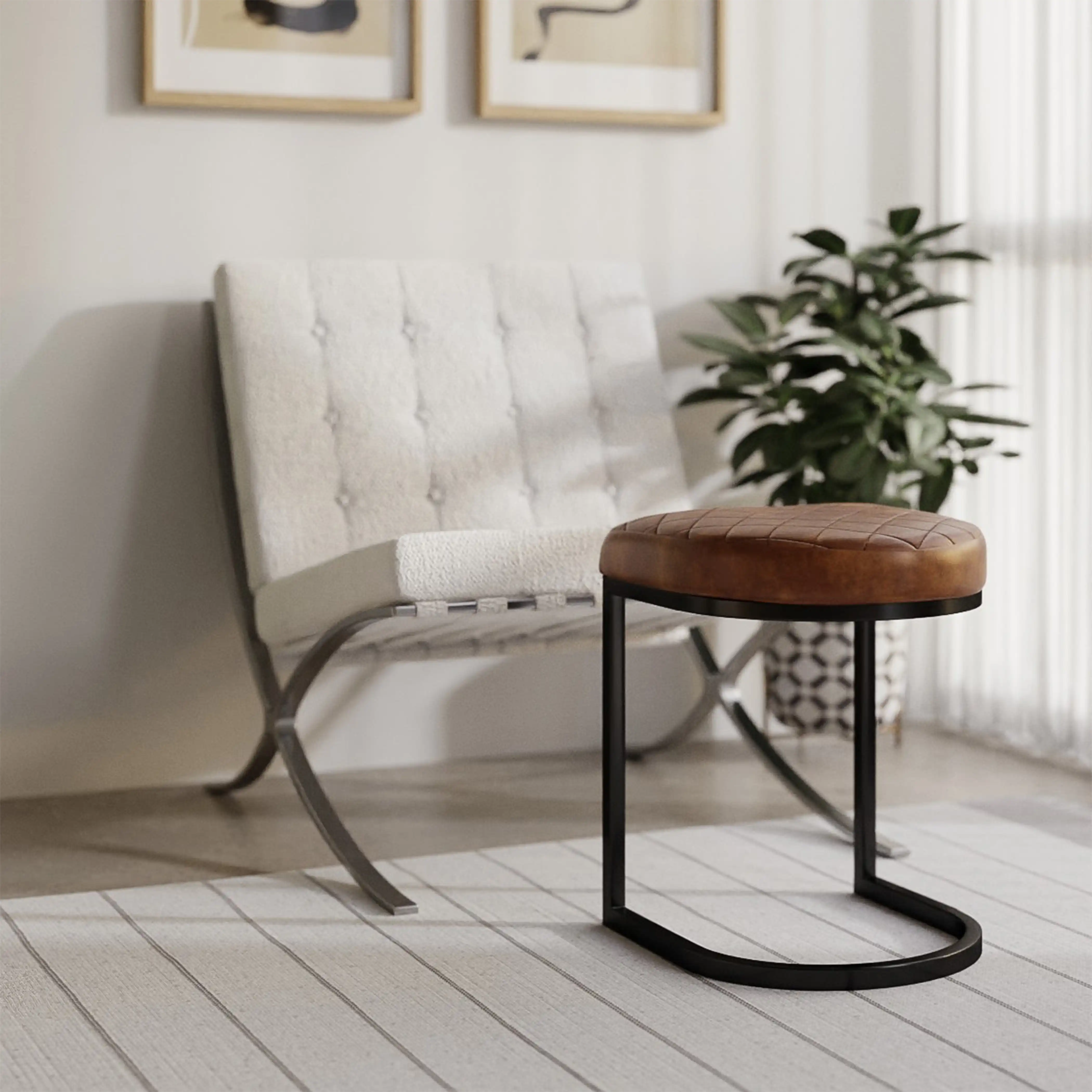 Matteo Low Stool | Vintage Tan Faux Leather - Image 2