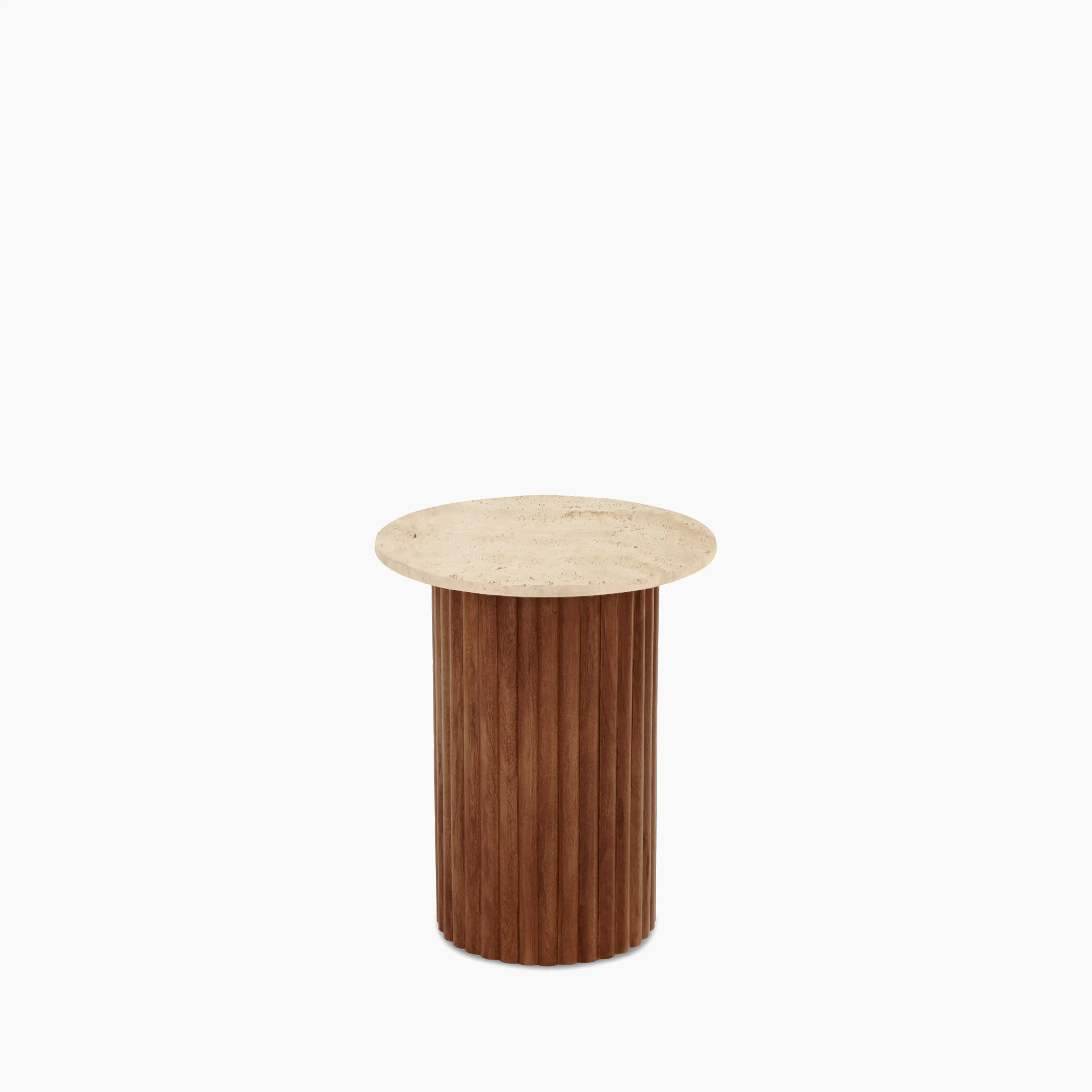 Medby Round Side Table | Natural Travertine & Walnut - Image 3