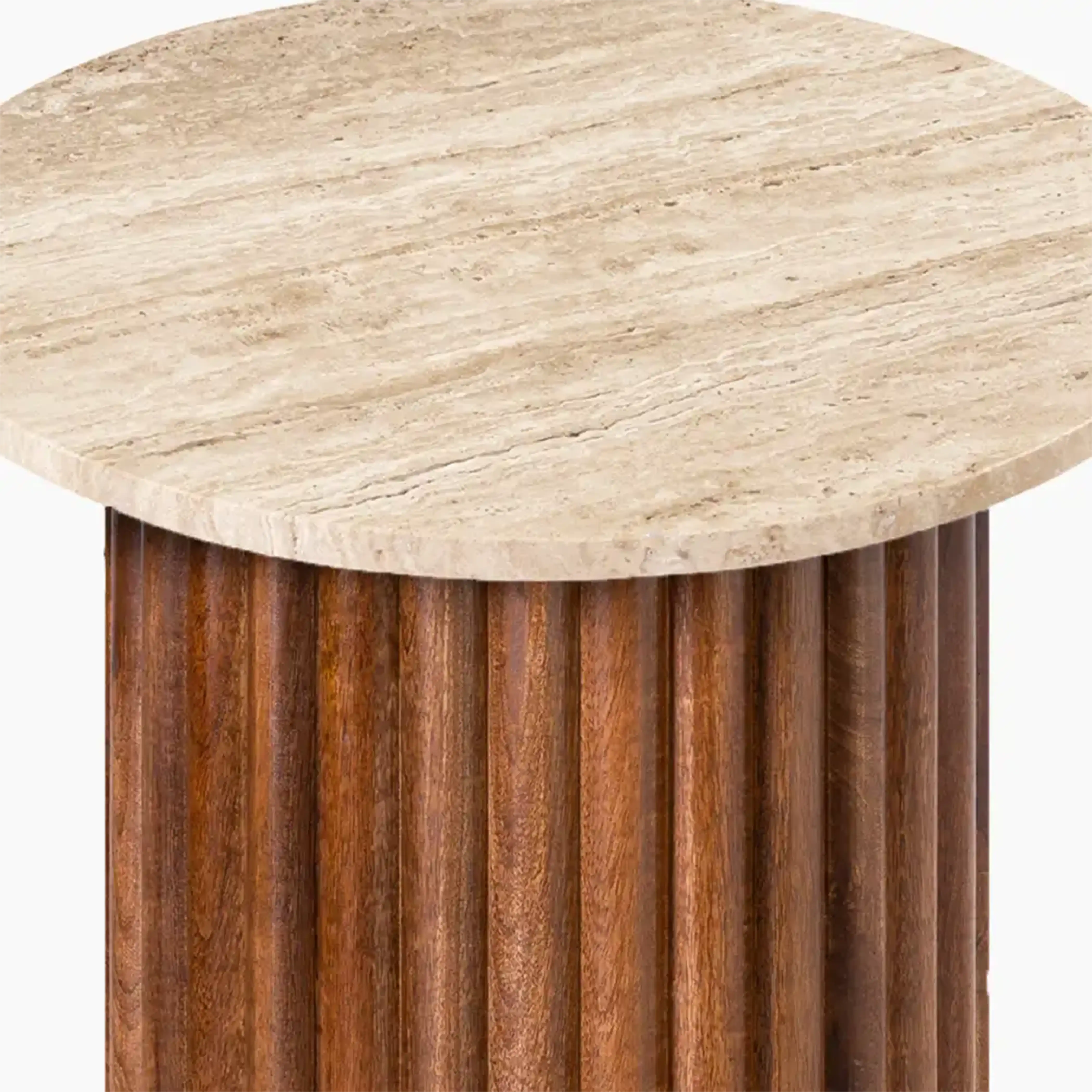 Medby Round Side Table | Natural Travertine & Walnut - Image 4