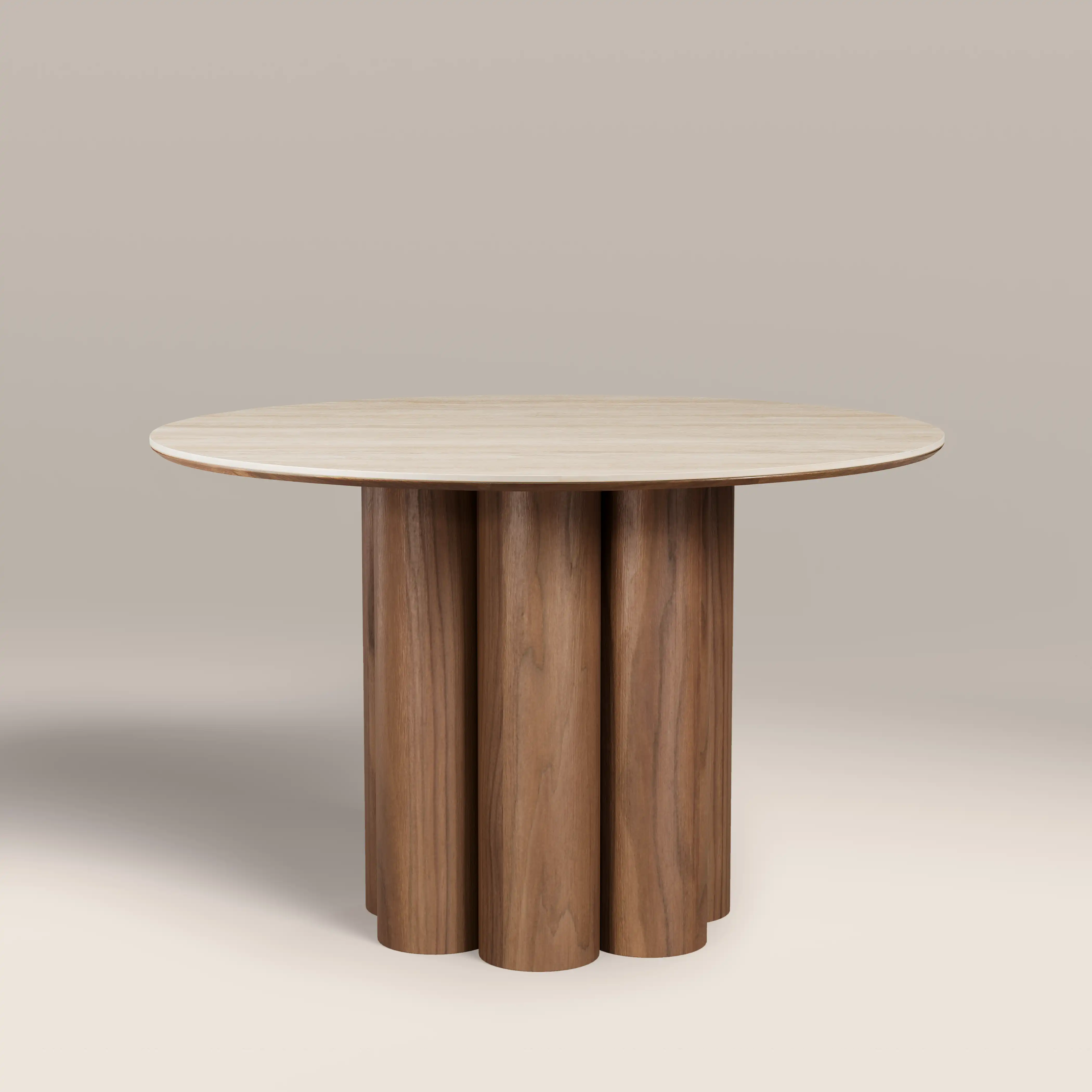 Noelle 4 Seat Round Dining Table | Natural Travertine Effect Sintered Stone & Walnut - Image 2