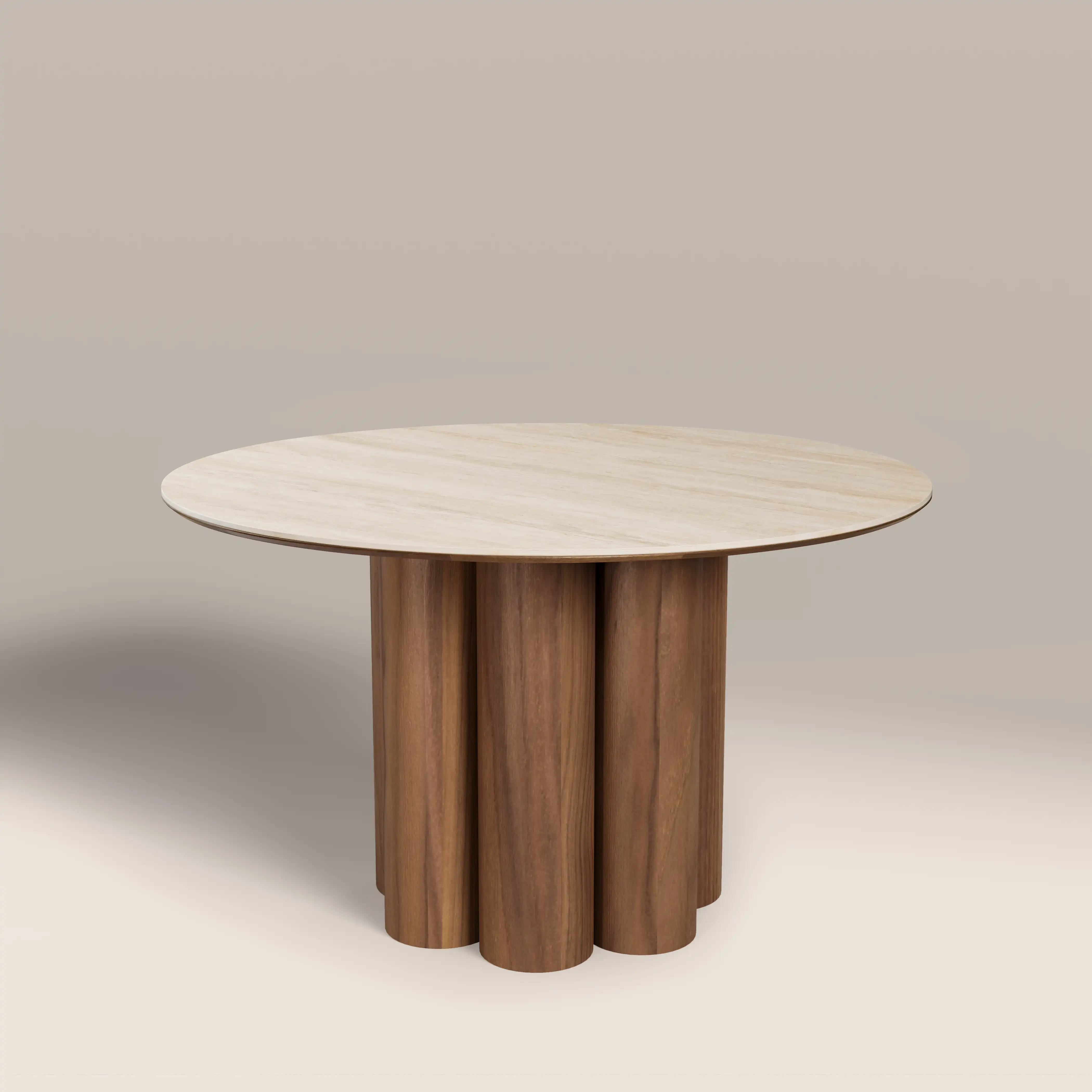 Noelle 4 Seat Round Dining Table | Natural Travertine Effect Sintered Stone & Walnut - Image 5