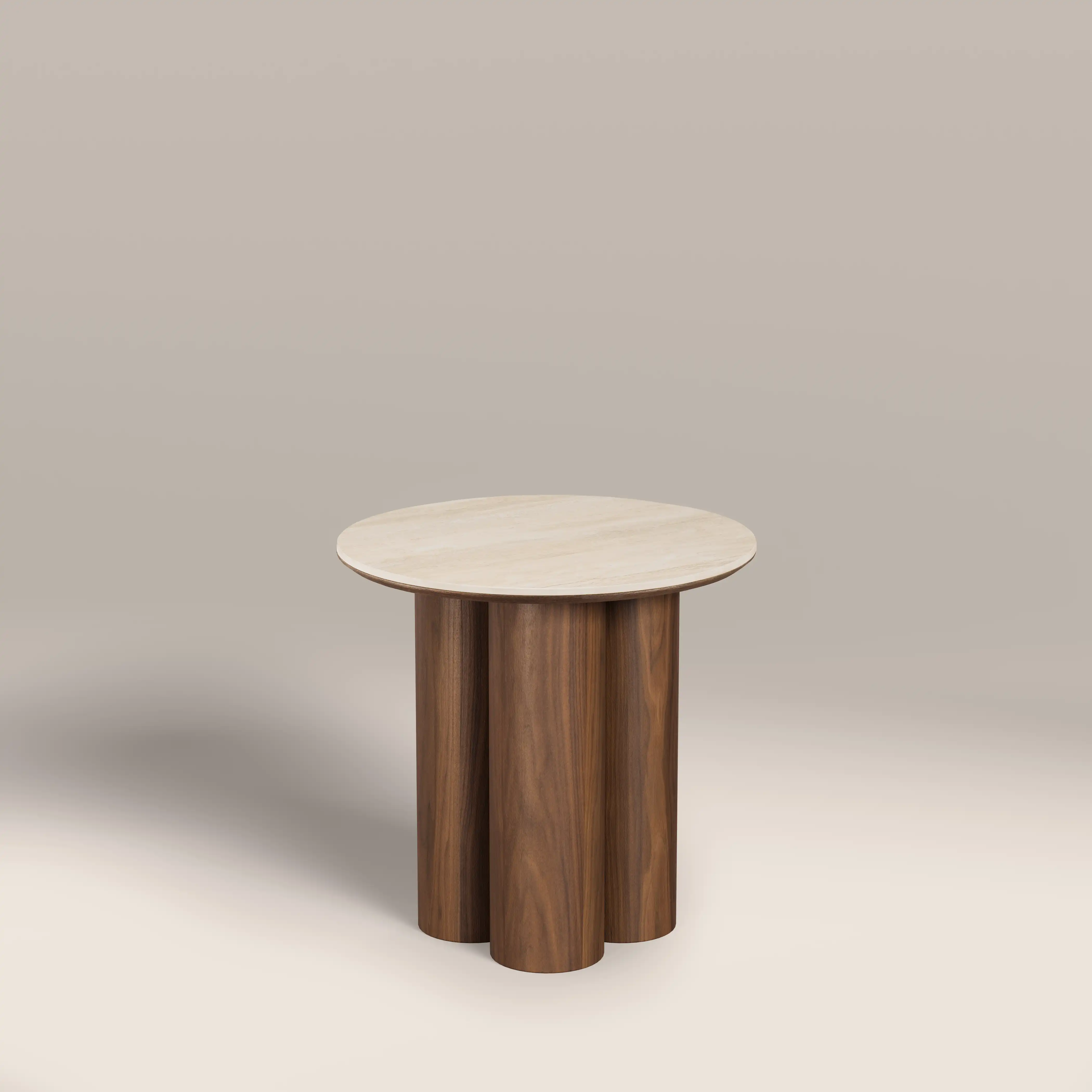 Noelle Round Side Table | Natural Travertine Effect Sintered Stone & Walnut - Image 4