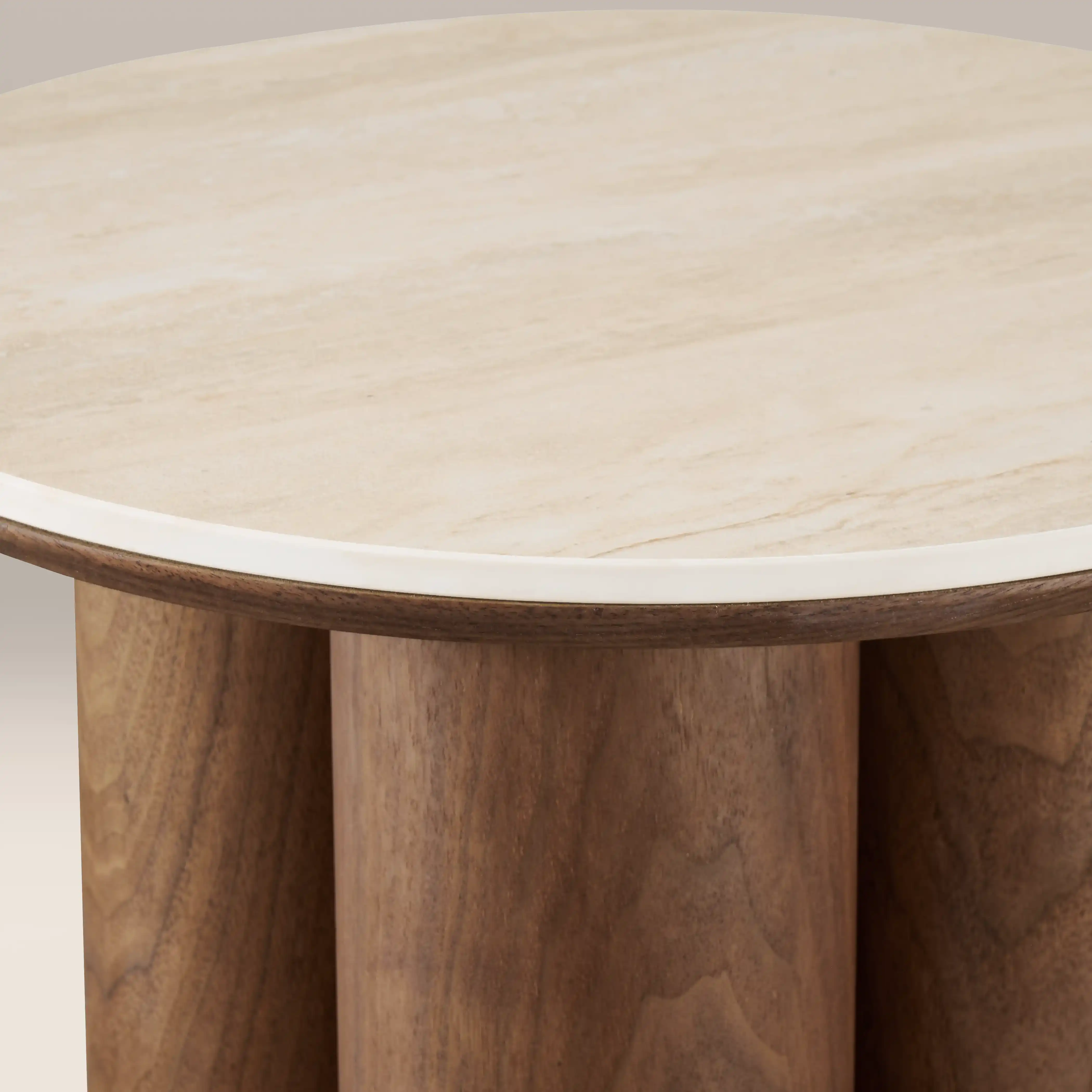Noelle Round Side Table | Natural Travertine Effect Sintered Stone & Walnut - Image 6
