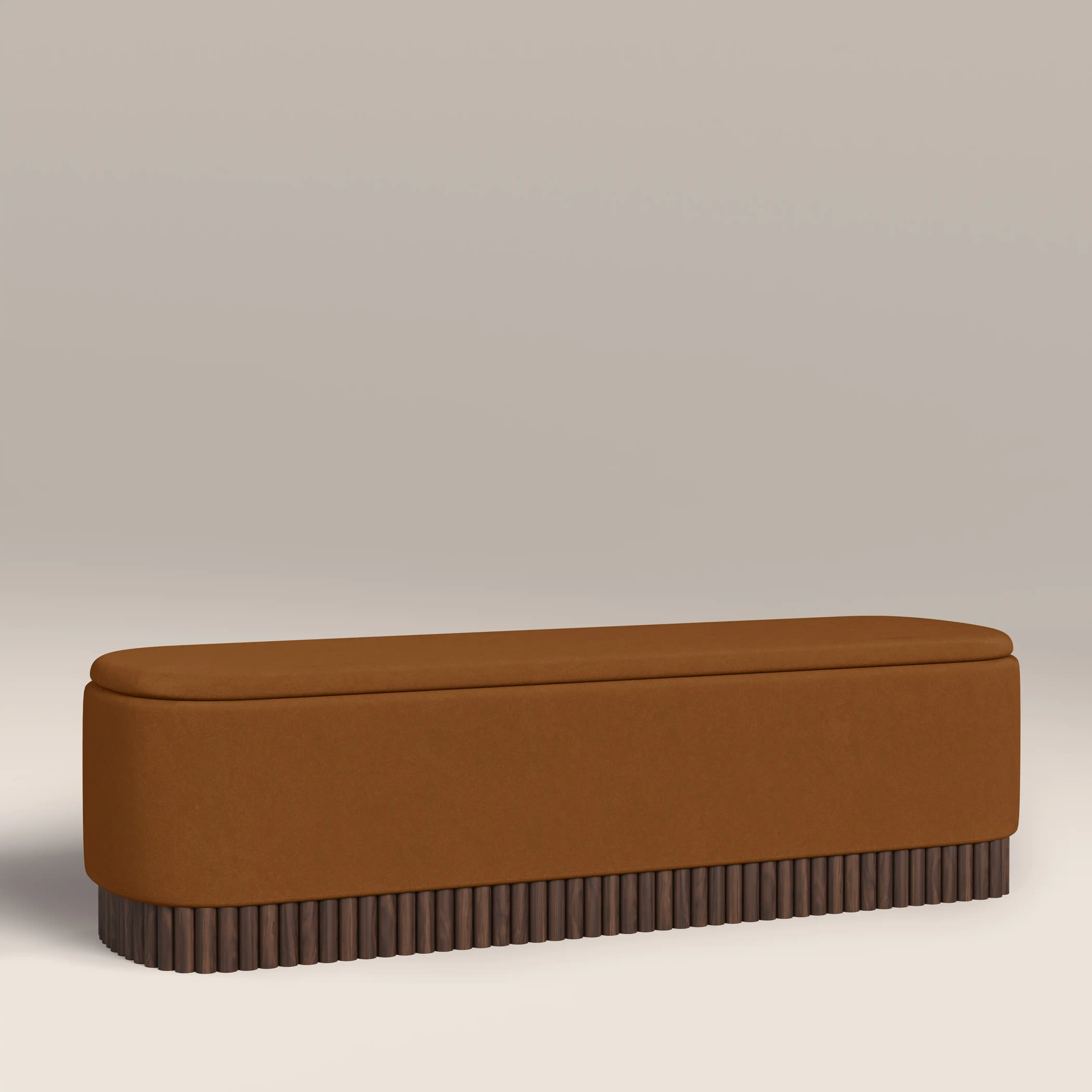 Oberon Storage Ottoman | Caramel Sustainable Mohair Velvet & Walnut - Image 2