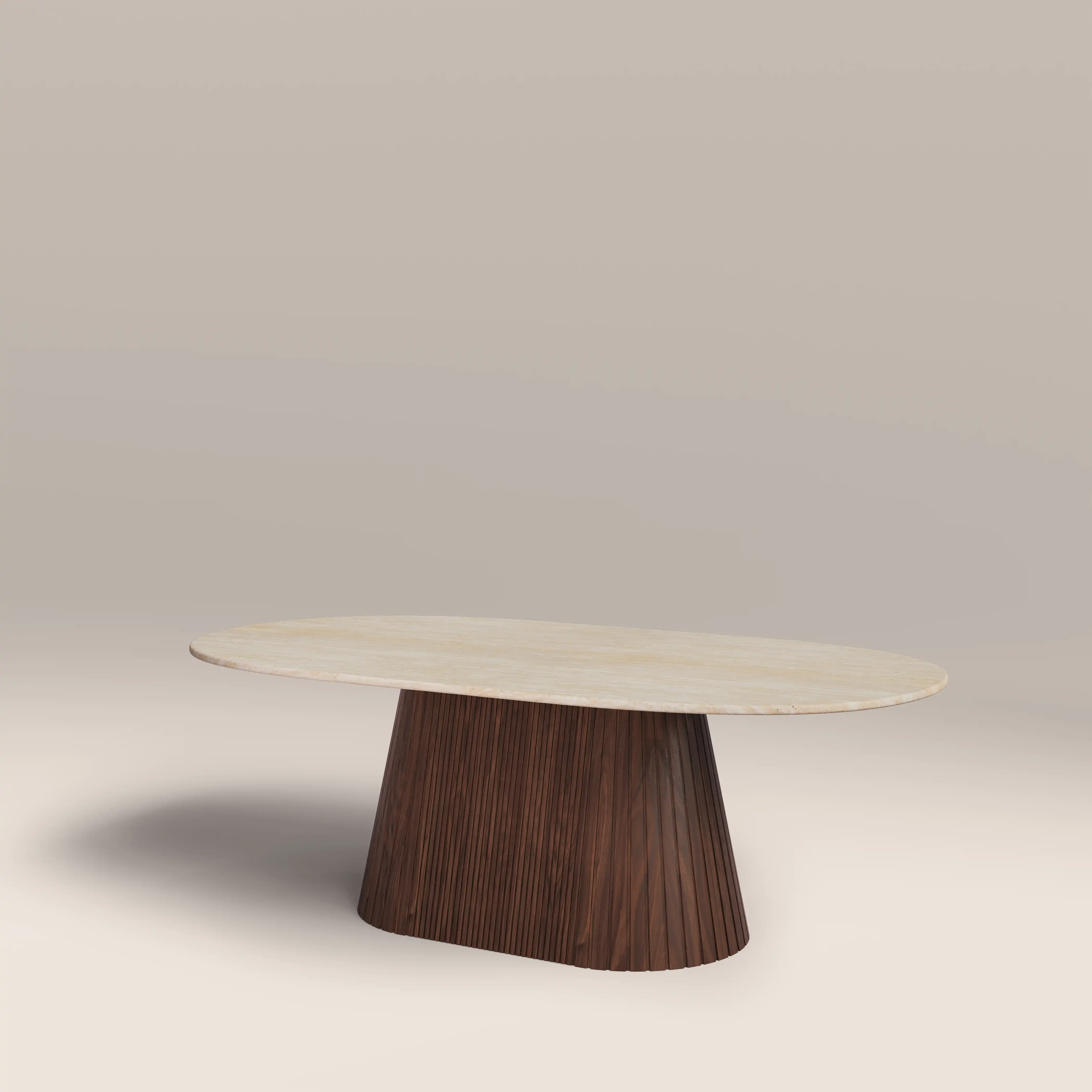 Oxborough Oval Coffee Table | Natural Travertine Effect Stone & Walnut - Image 2