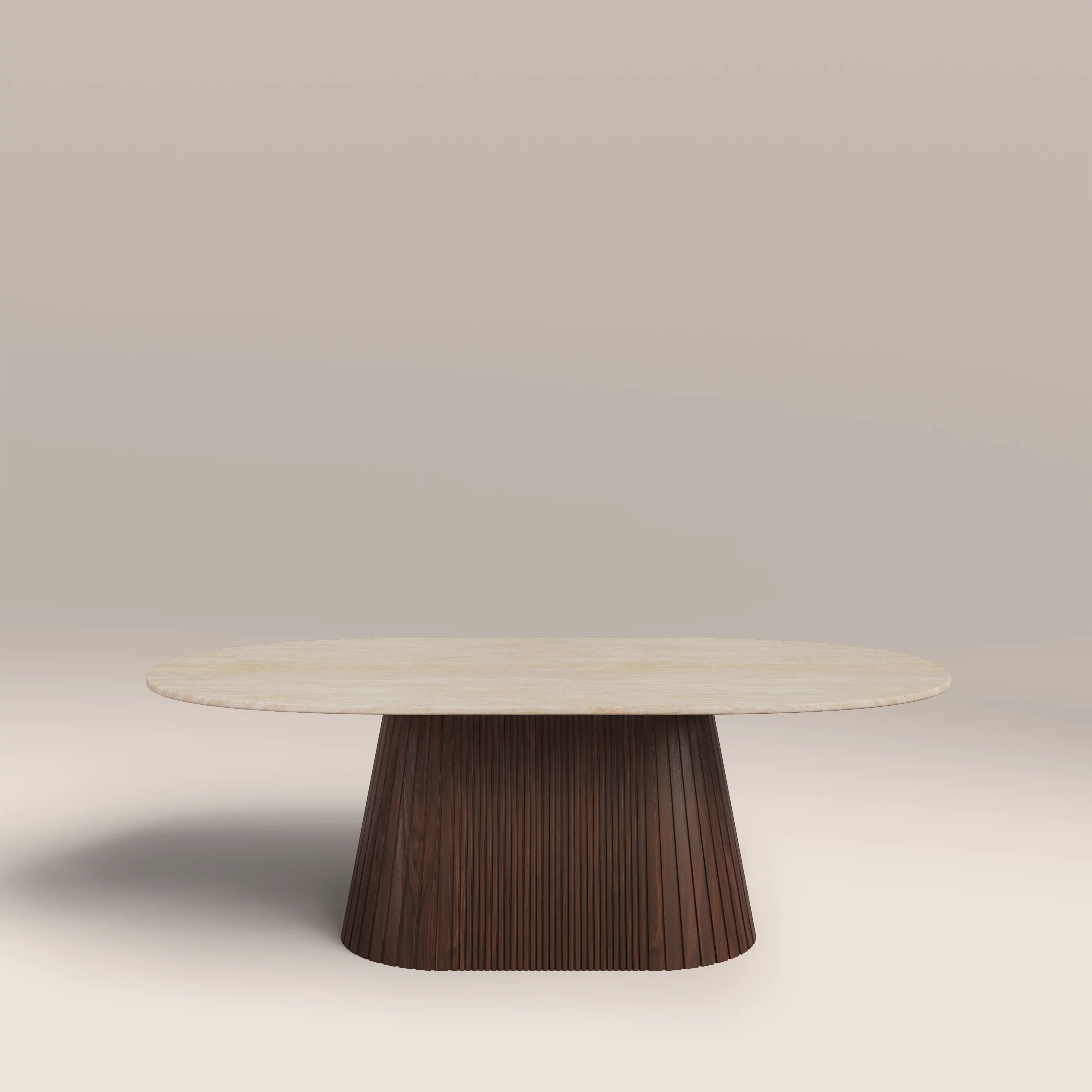Oxborough Oval Coffee Table | Natural Travertine Effect Stone & Walnut - Image 4