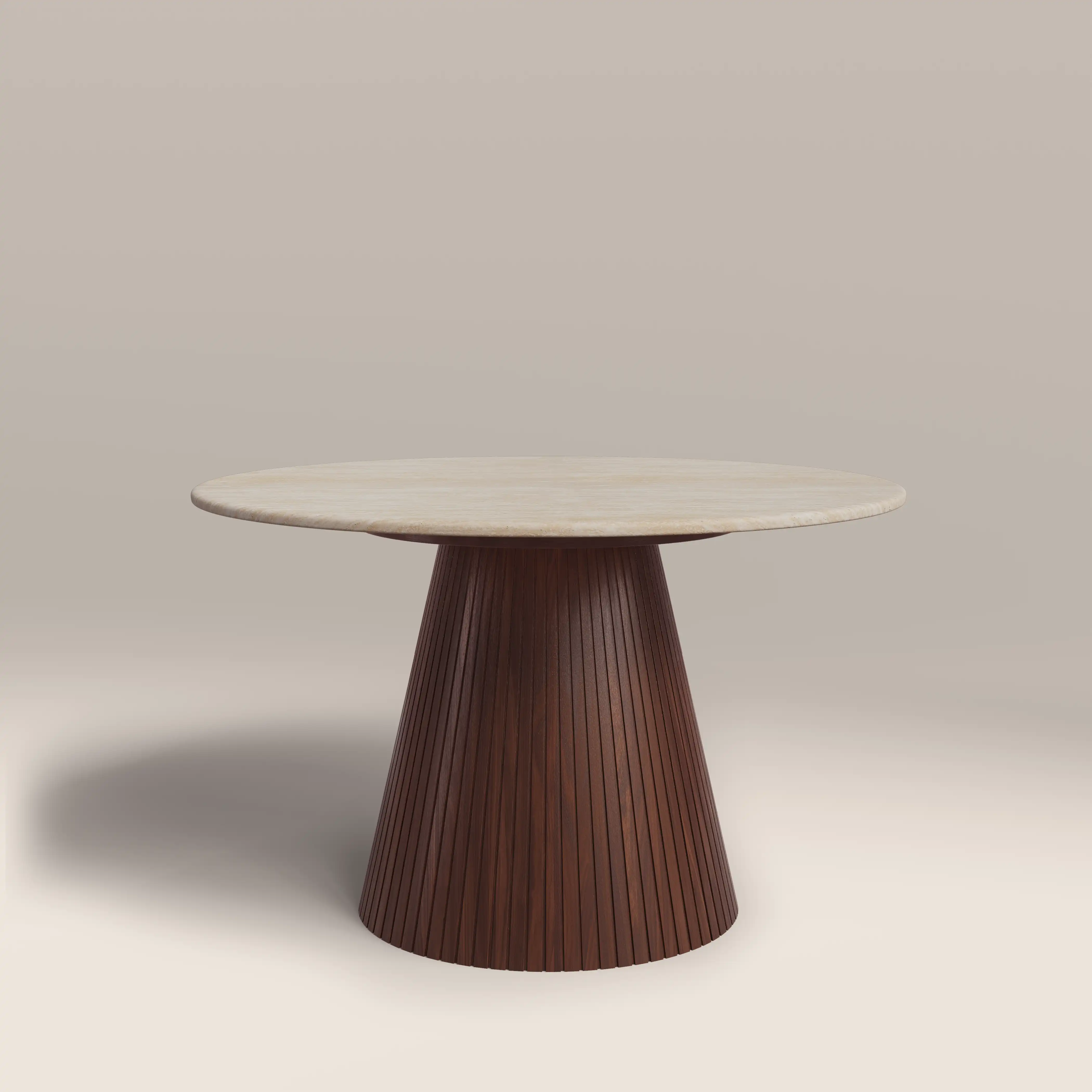 Oxborough 4 Seat Round Dining Table | Natural Travertine Effect Stone & Walnut - Image 2