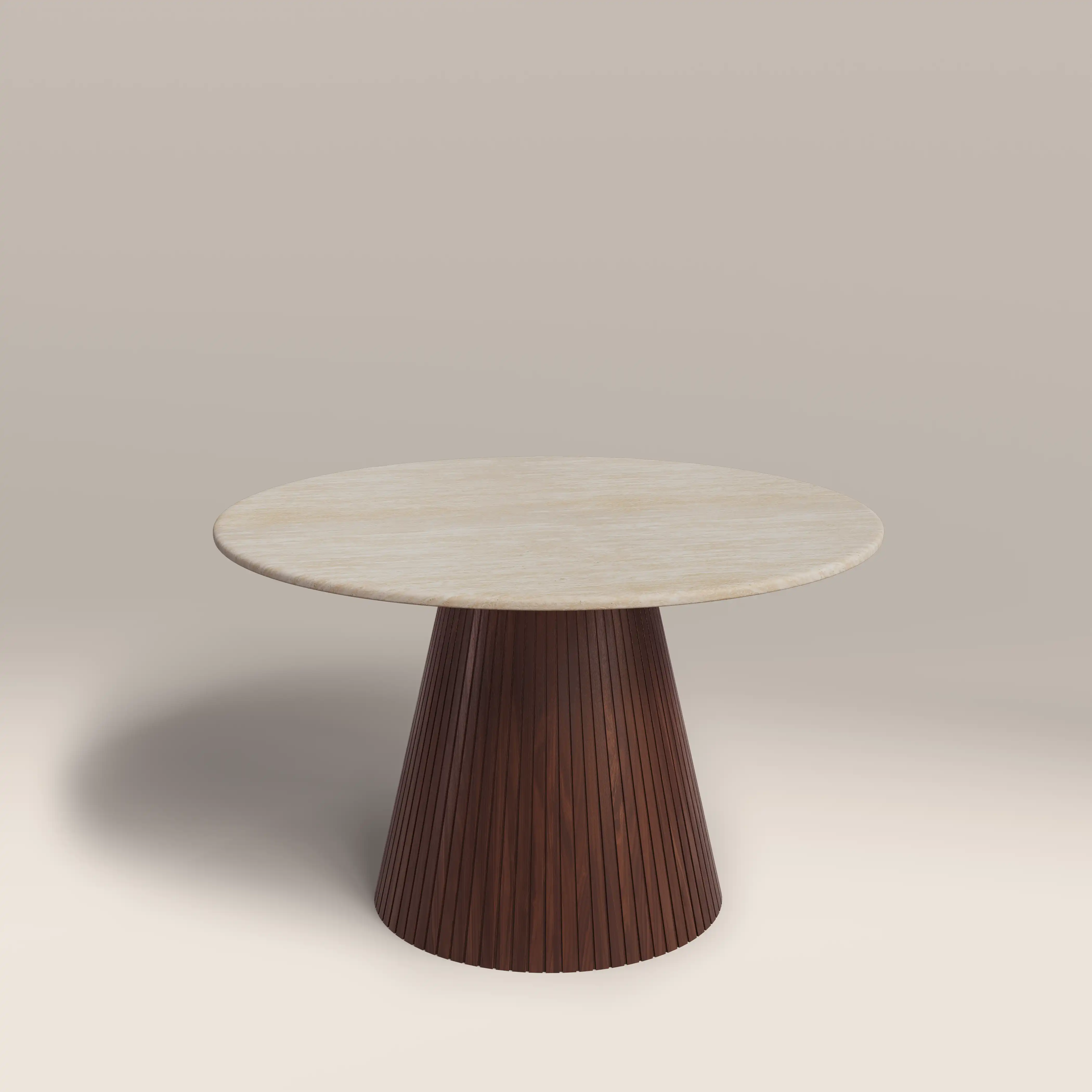 Oxborough 4 Seat Round Dining Table | Natural Travertine Effect Stone & Walnut - Image 3