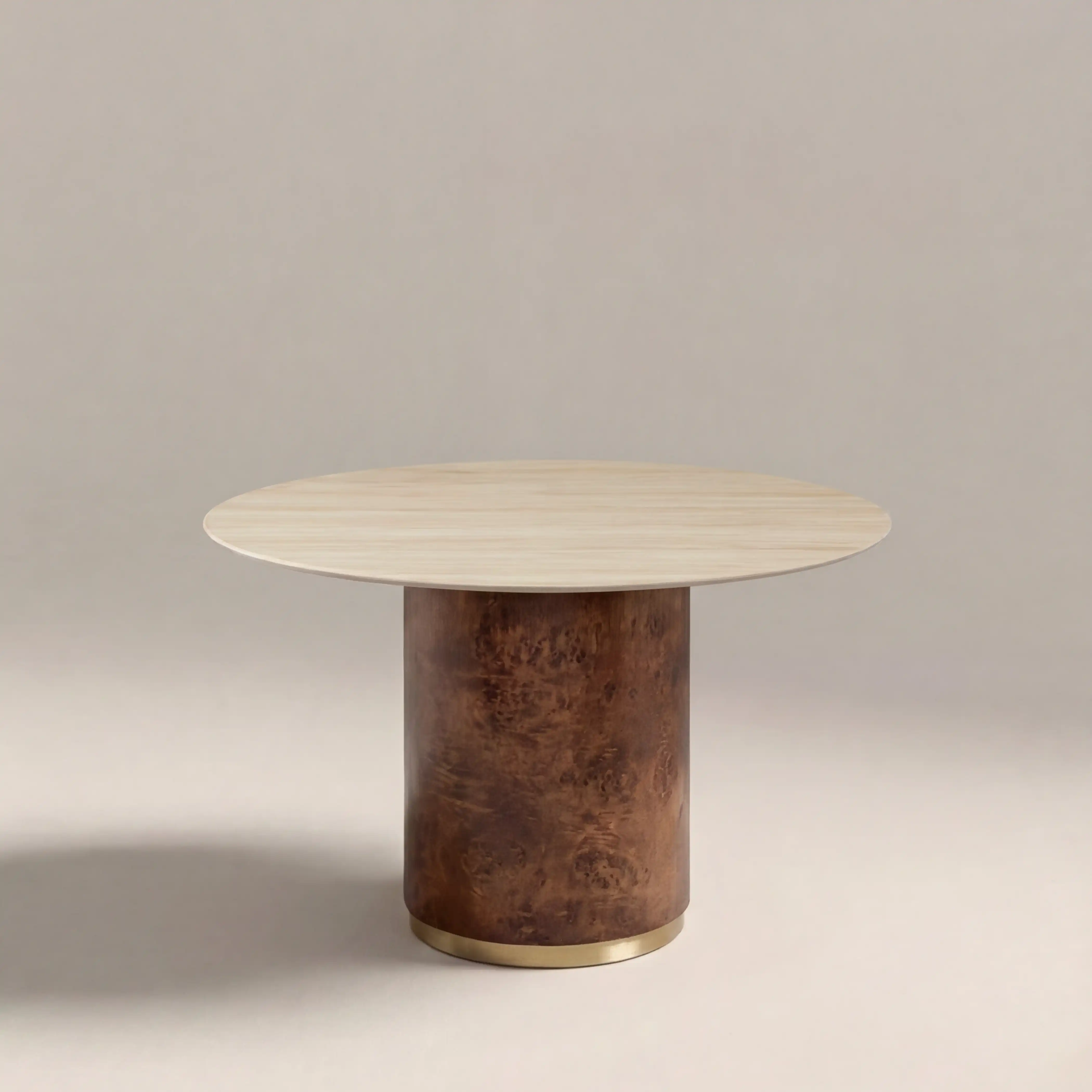 Perry 4 Seat Round Dining Table | Natural Travertine Effect Sintered Stone & Walnut Burl Wood - Image 2