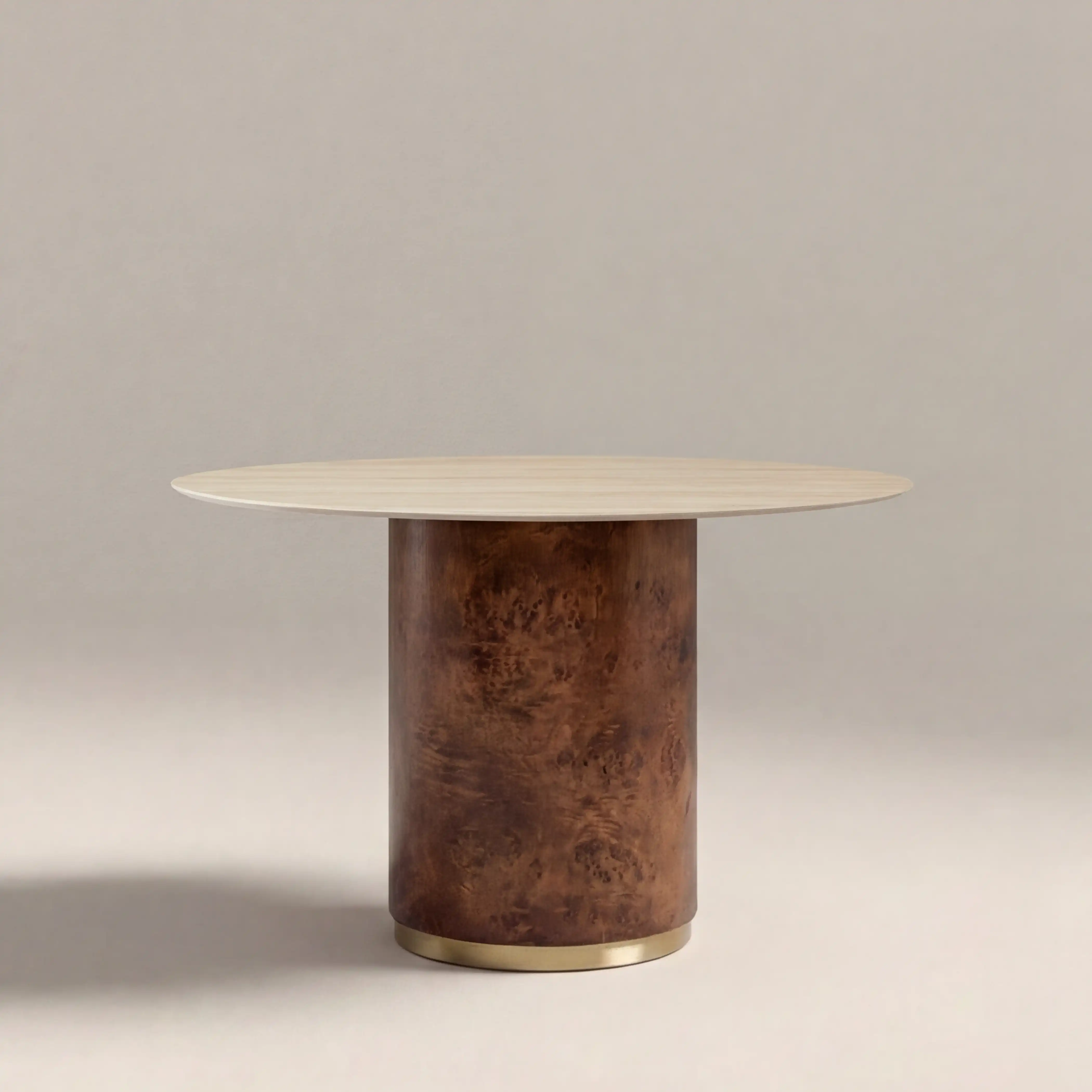 Perry 4 Seat Round Dining Table | Natural Travertine Effect Sintered Stone & Walnut Burl Wood - Image 3